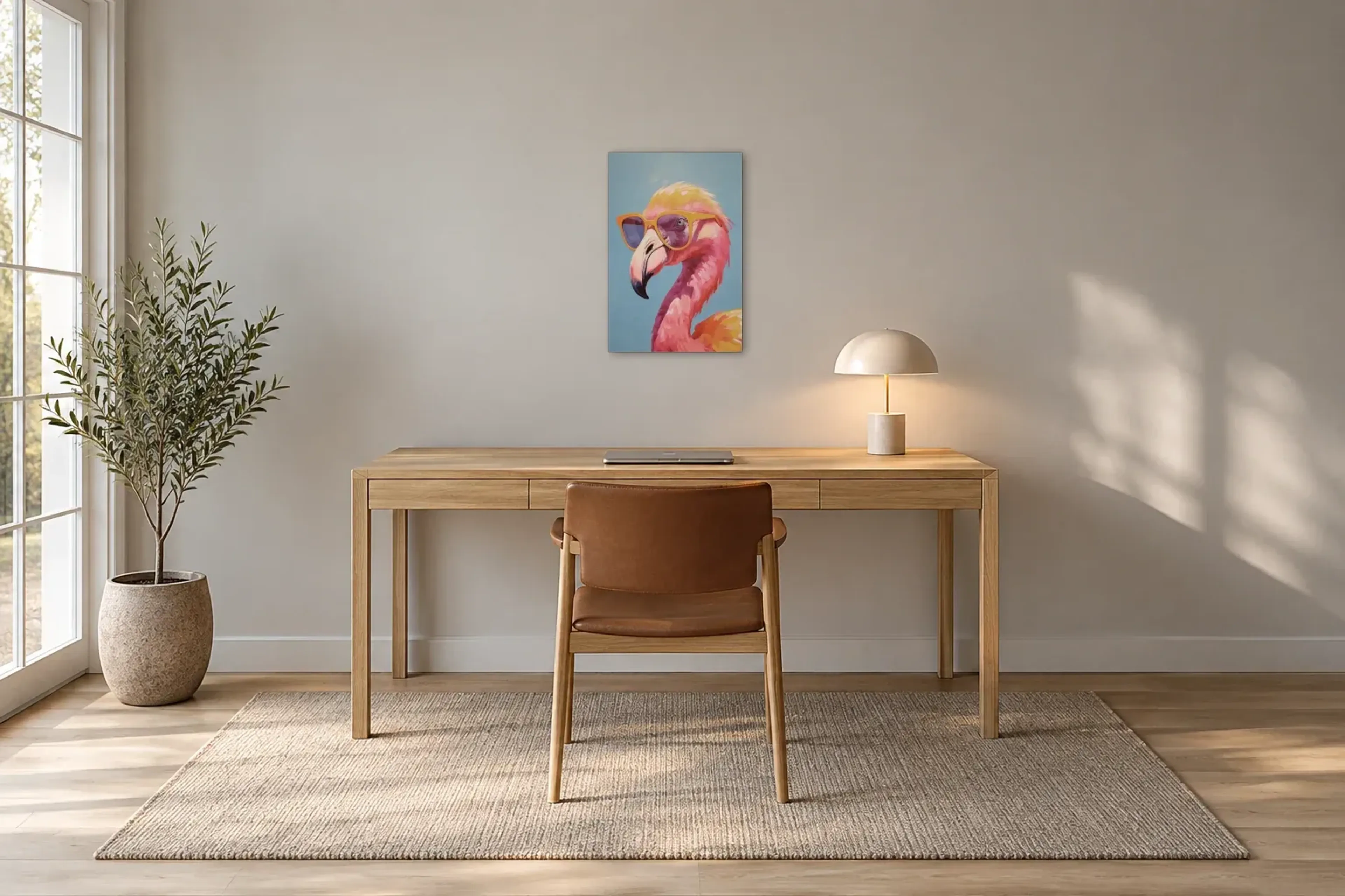 Flamingo mit Sonnenbrille als Wandbild über einem 160-cm-Schreibtisch
