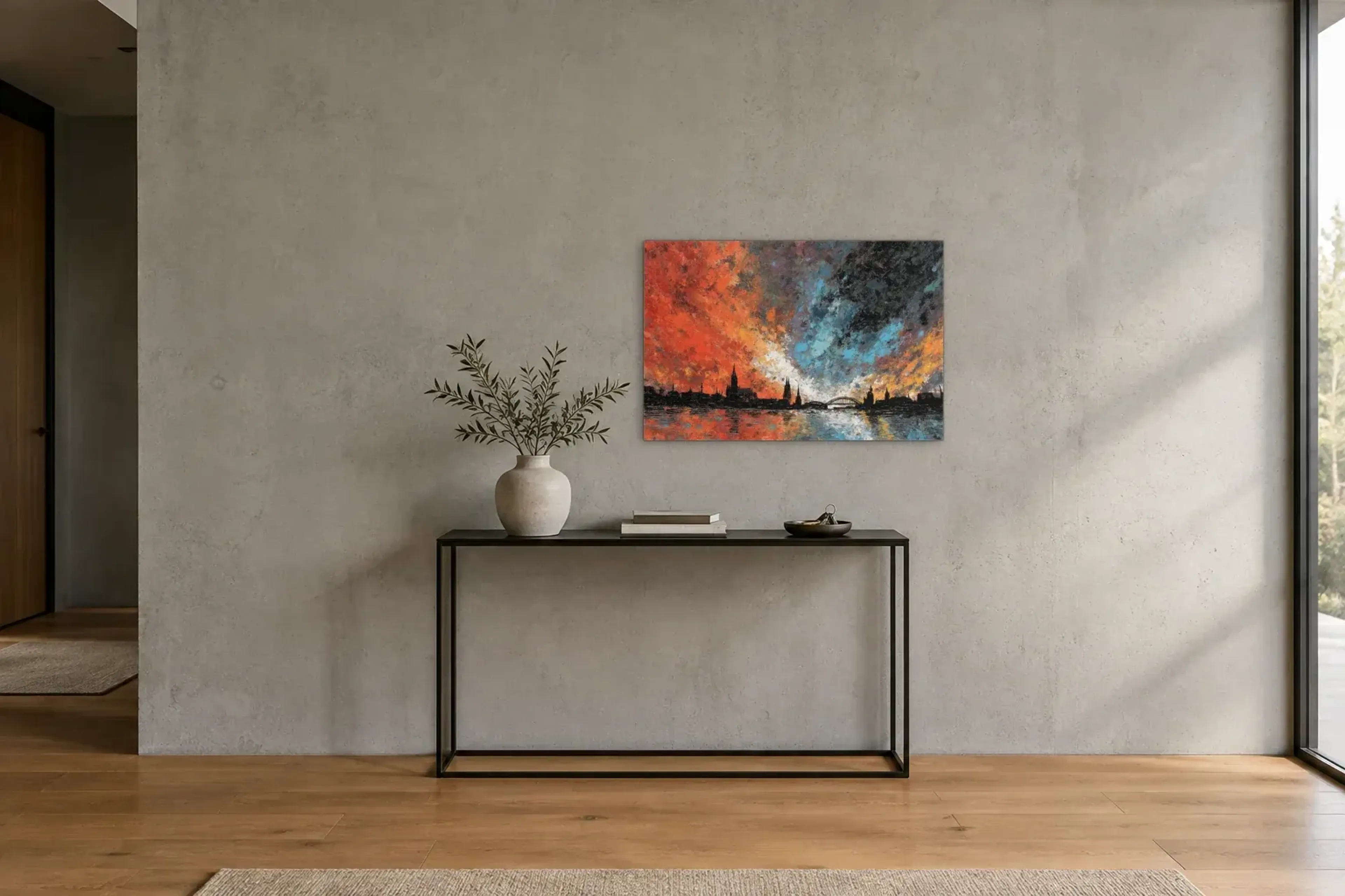 Köln unter flammendem Himmel als Wandbild über einer 120-cm-Konsole