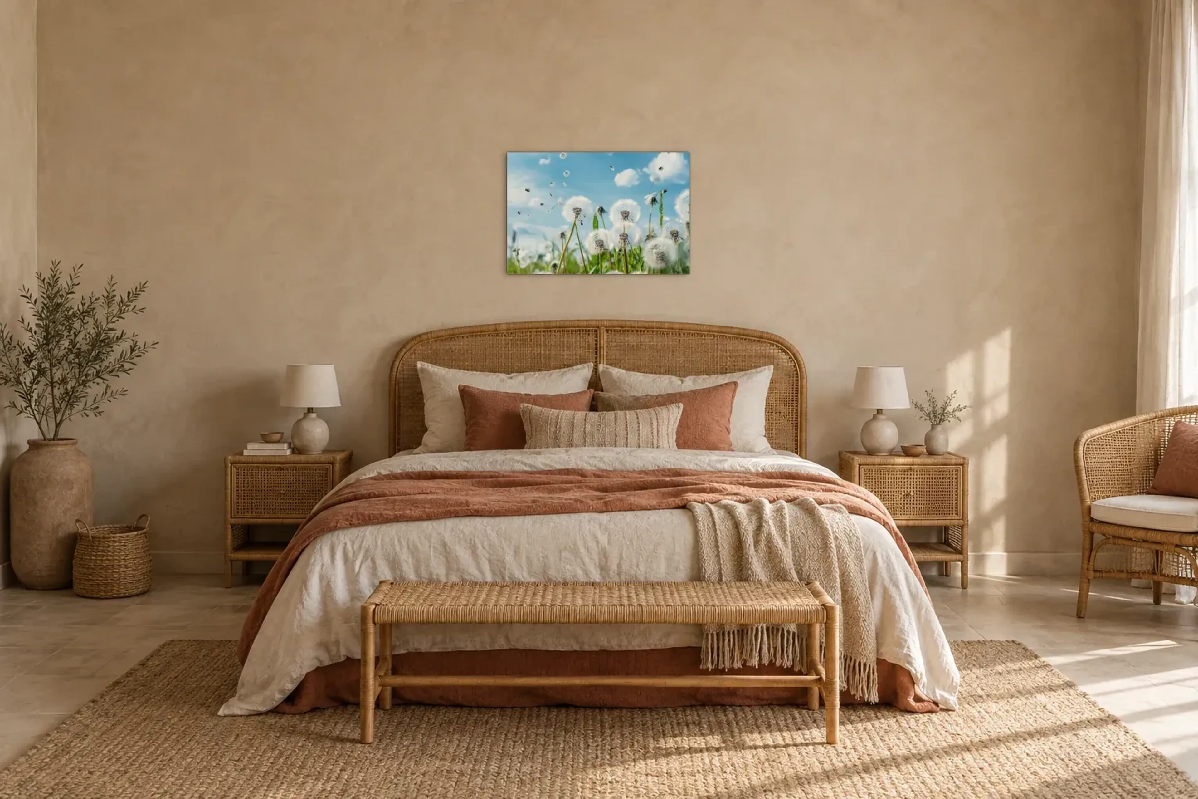 Pusteblumen unter blauem Himmel als Wandbild über einem 180-cm-Bett
