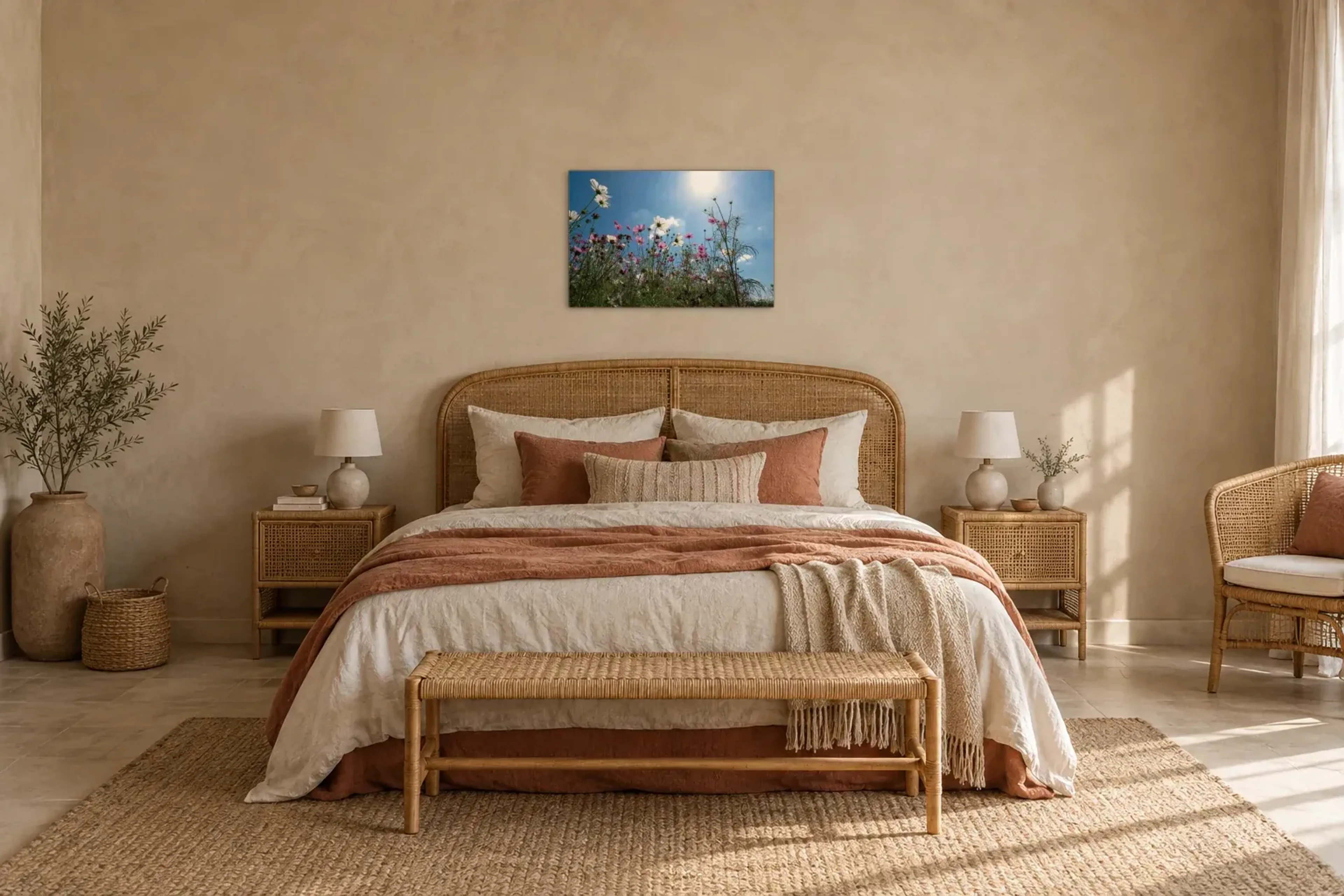 Blumenwiese von unten als Wandbild über einem 180-cm-Bett