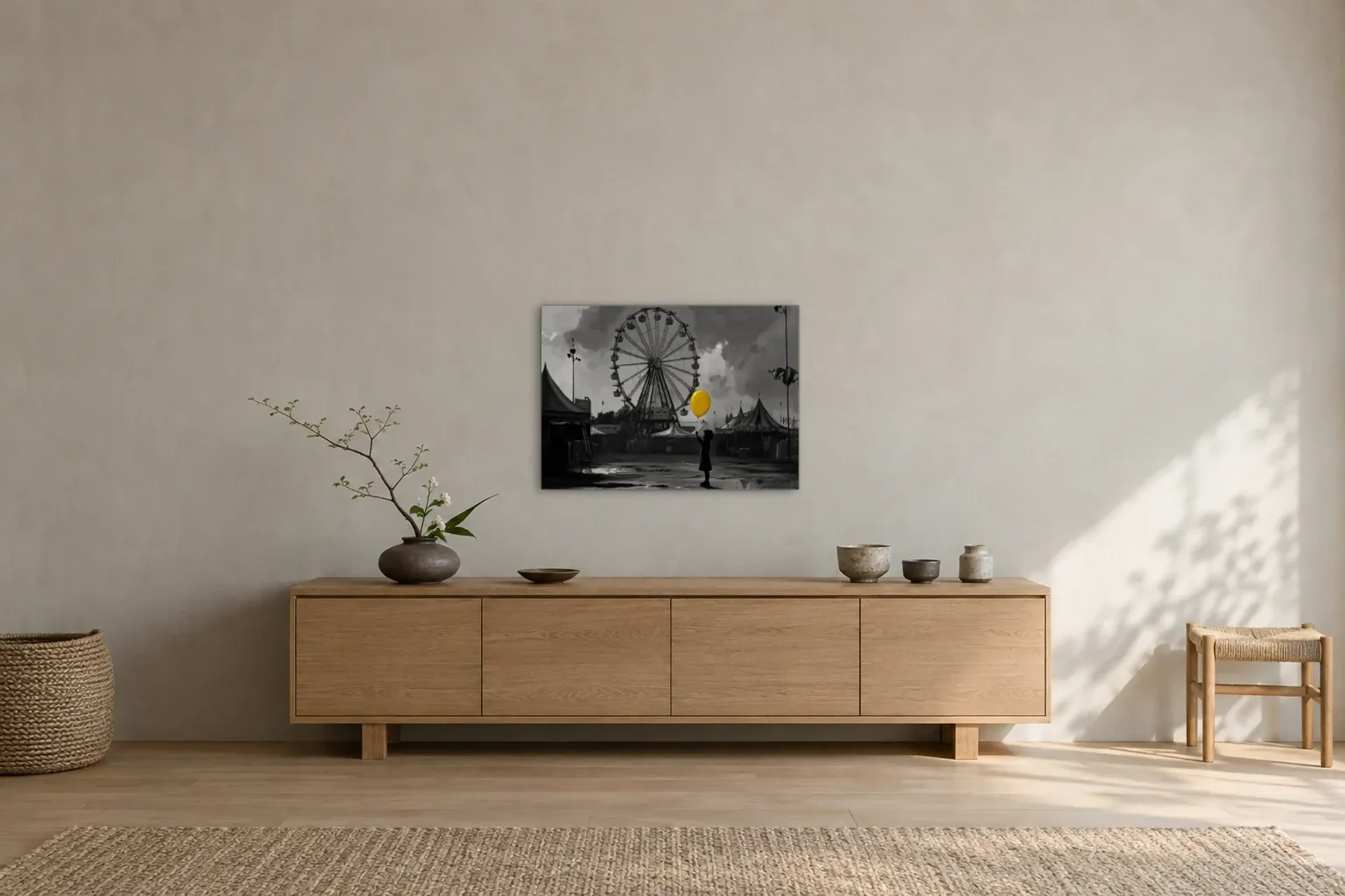 Gelber Ballon am Riesenrad als Wandbild über einem 180-cm-Sideboard