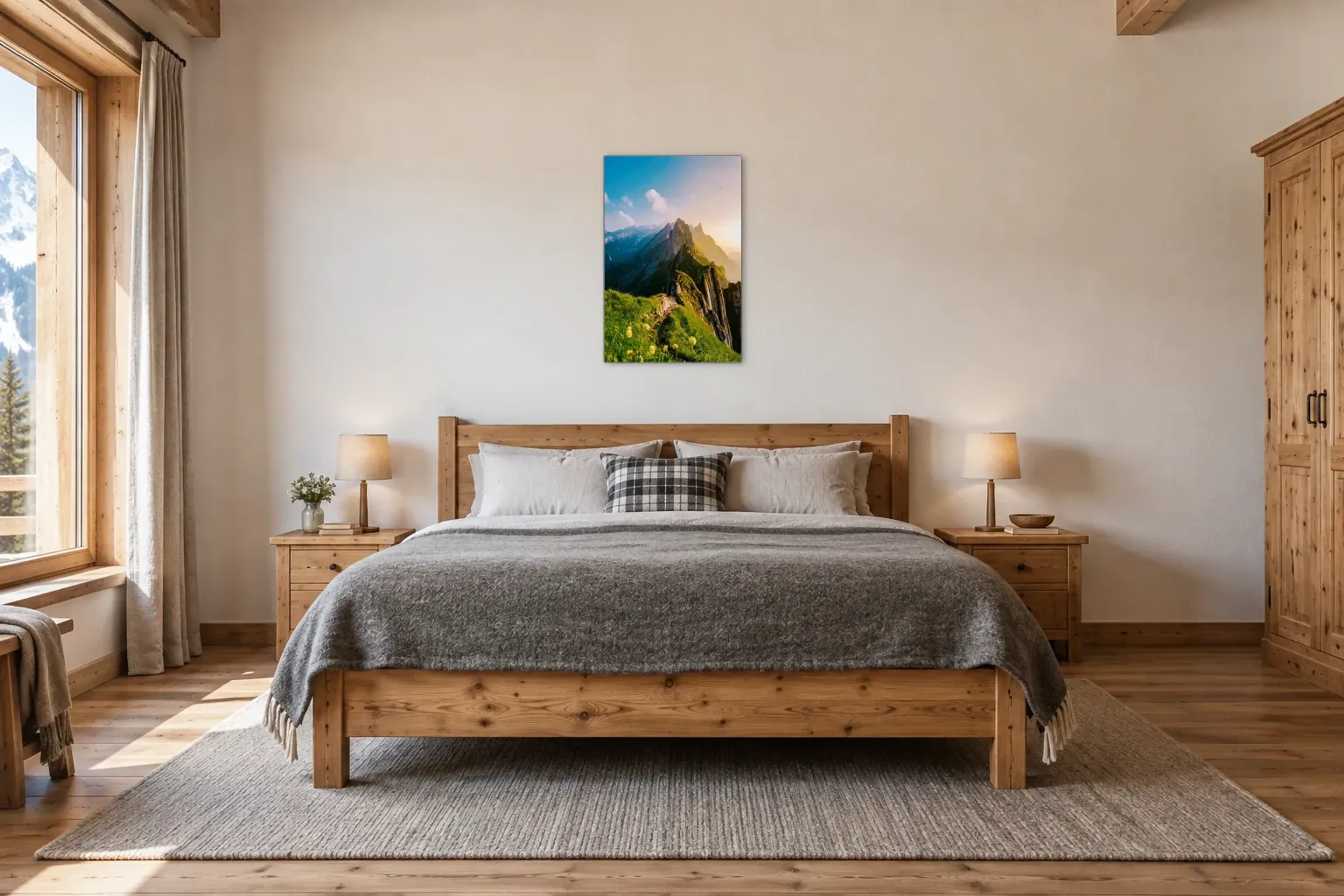 Berggrat im Sonnenlicht als Wandbild über einem 180-cm-Bett