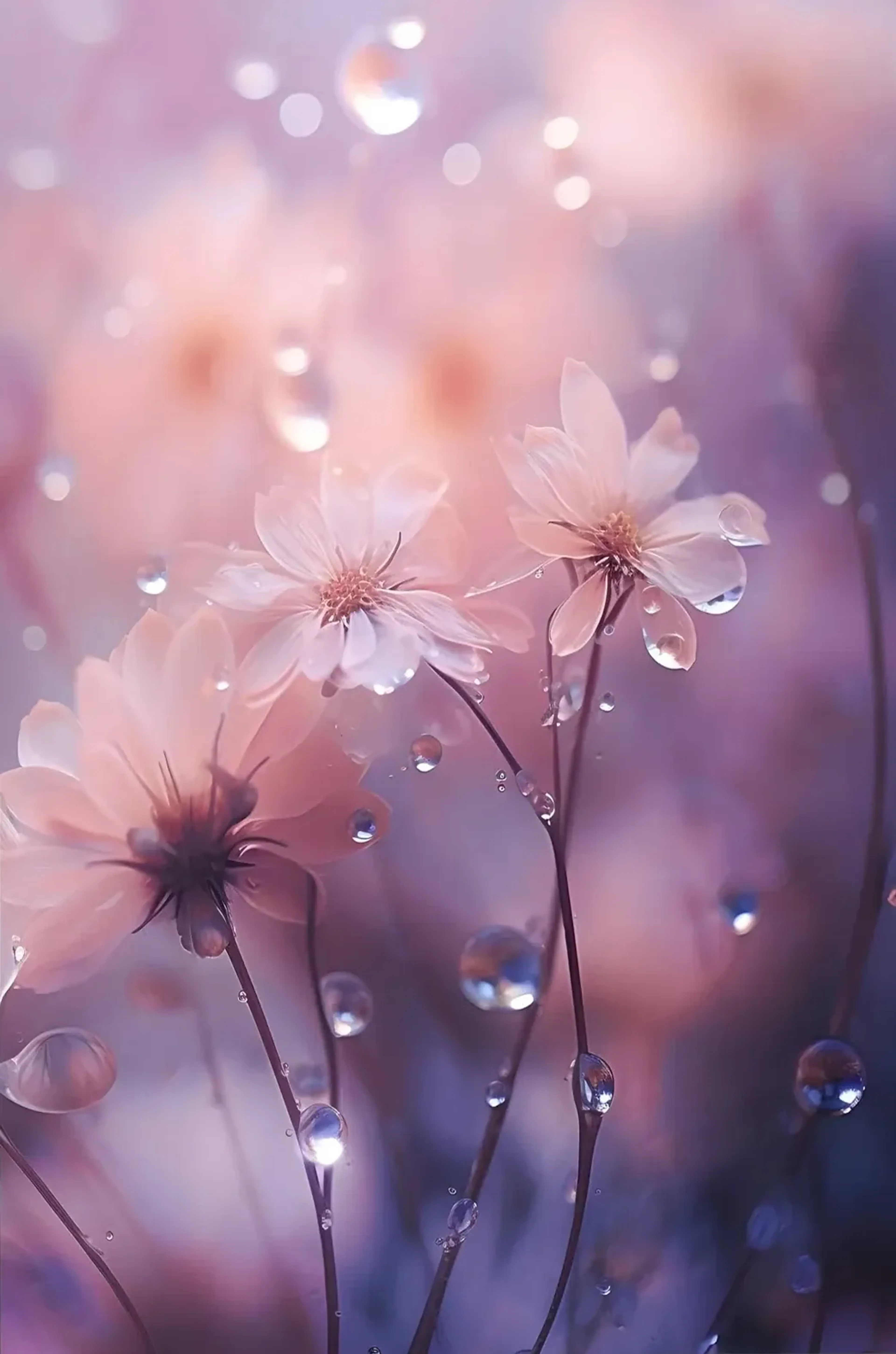 Zarte rosa-lila Blüten an dunklen Stielen mit glänzenden Tropfen vor einem unscharfen violetten Hintergrund.