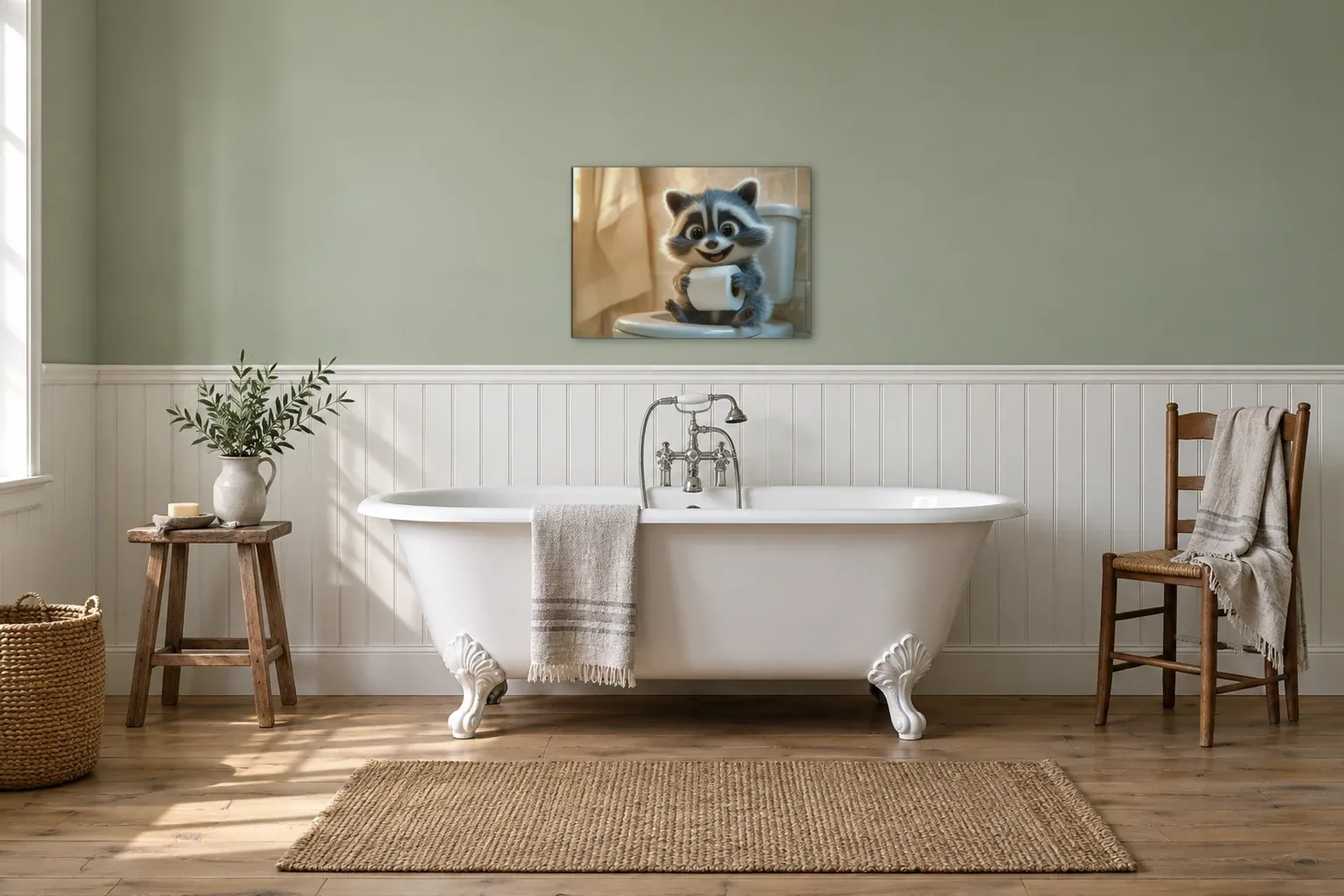 Waschbär mit Klorolle als Wandbild über einer 170-cm-Badewanne