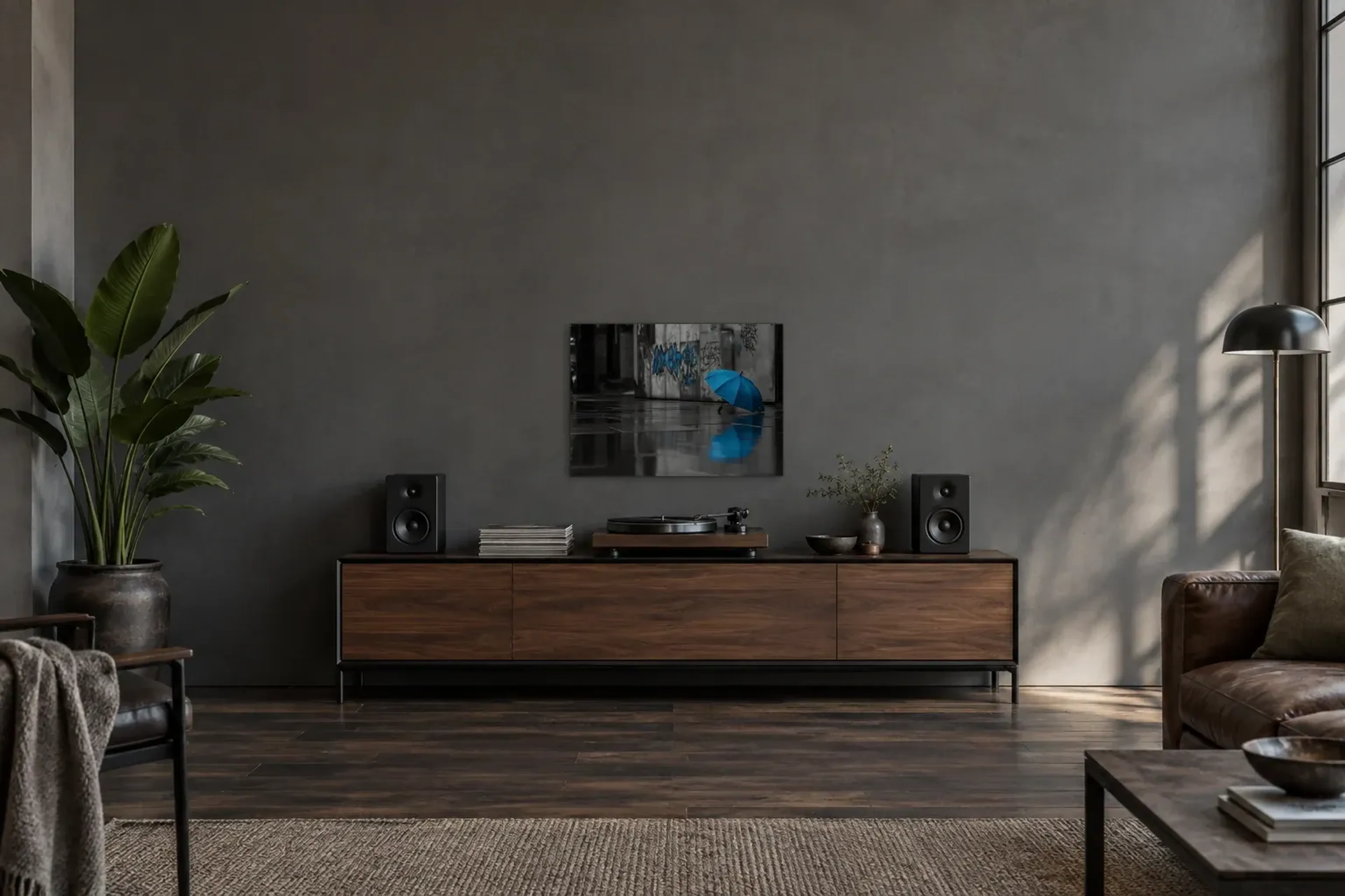 Blauer Schirm im Regen als Wandbild über einem 200-cm-Sideboard