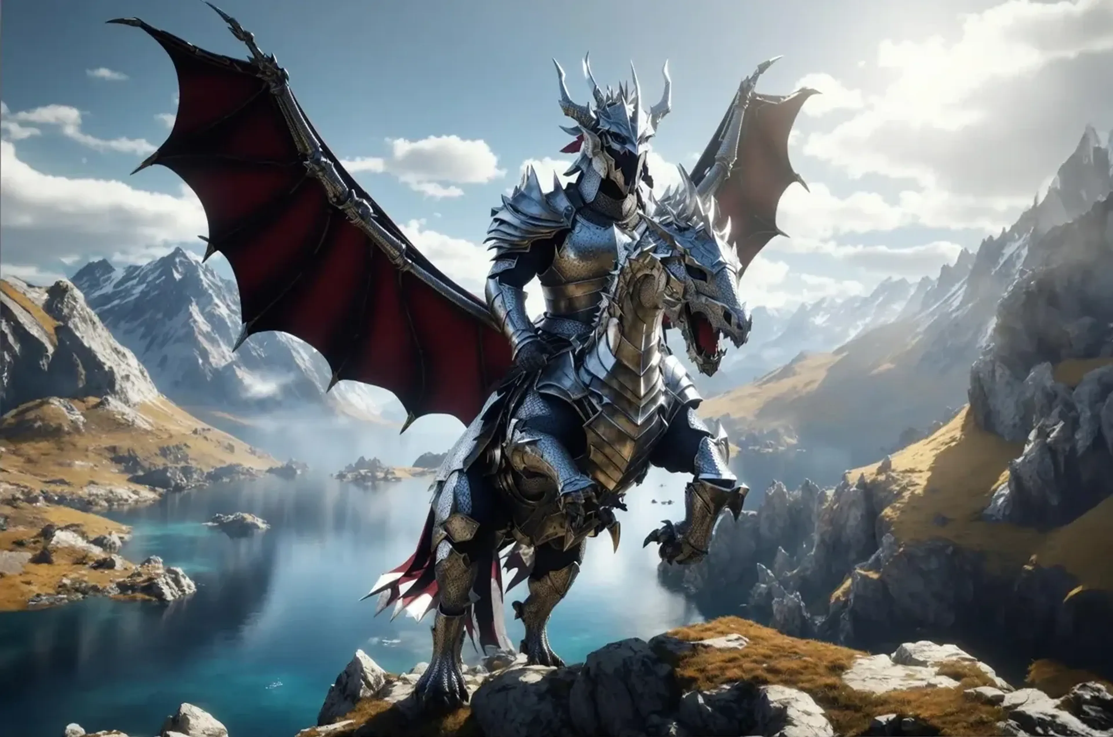 Ein Ritter auf einem gepanzerten Drachen mit dunkelroten Flügelhäuten steht vor einem Bergsee und schneebedeckten Gipfeln.