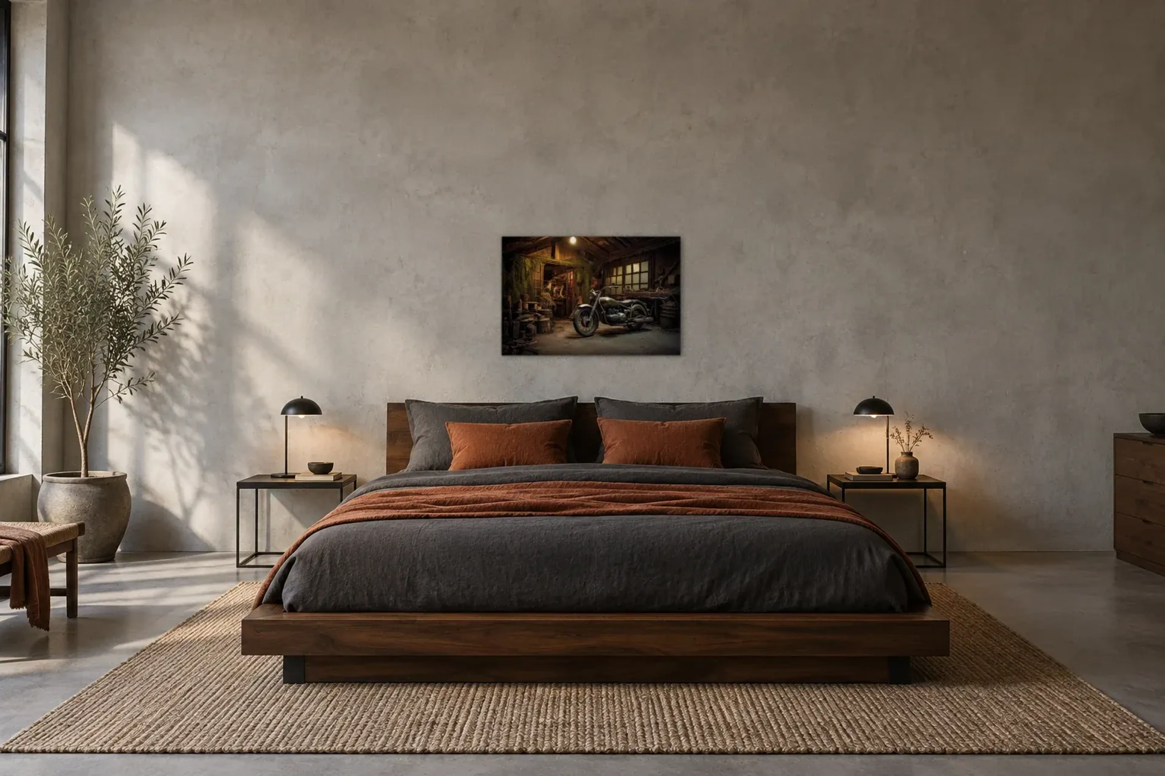 Motorrad in alter Garage als Wandbild über einem 180-cm-Bett