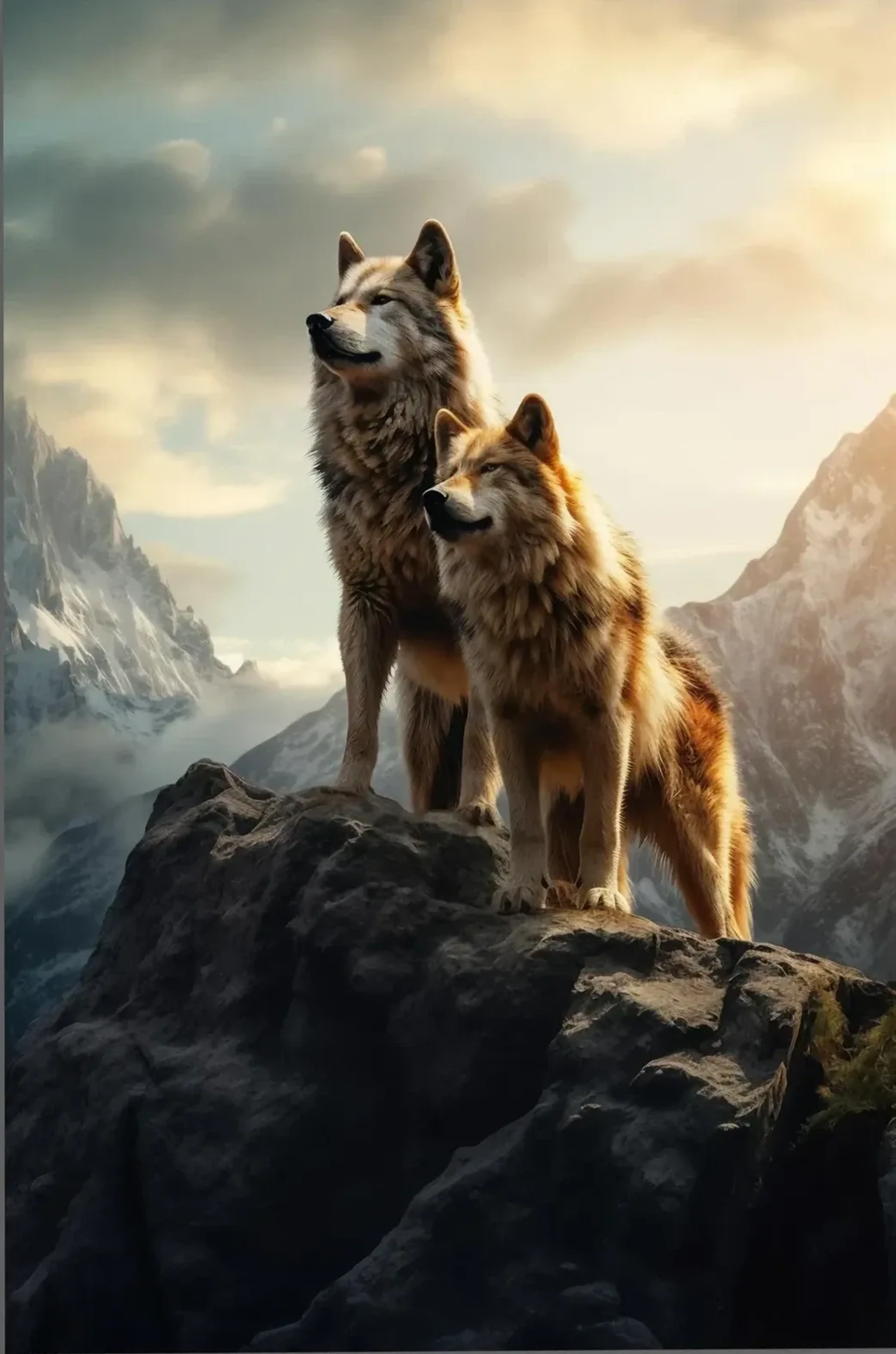 Zwei braungraue Wölfe stehen auf einem dunklen Felsen vor einer nebligen Berglandschaft im warmen Licht.