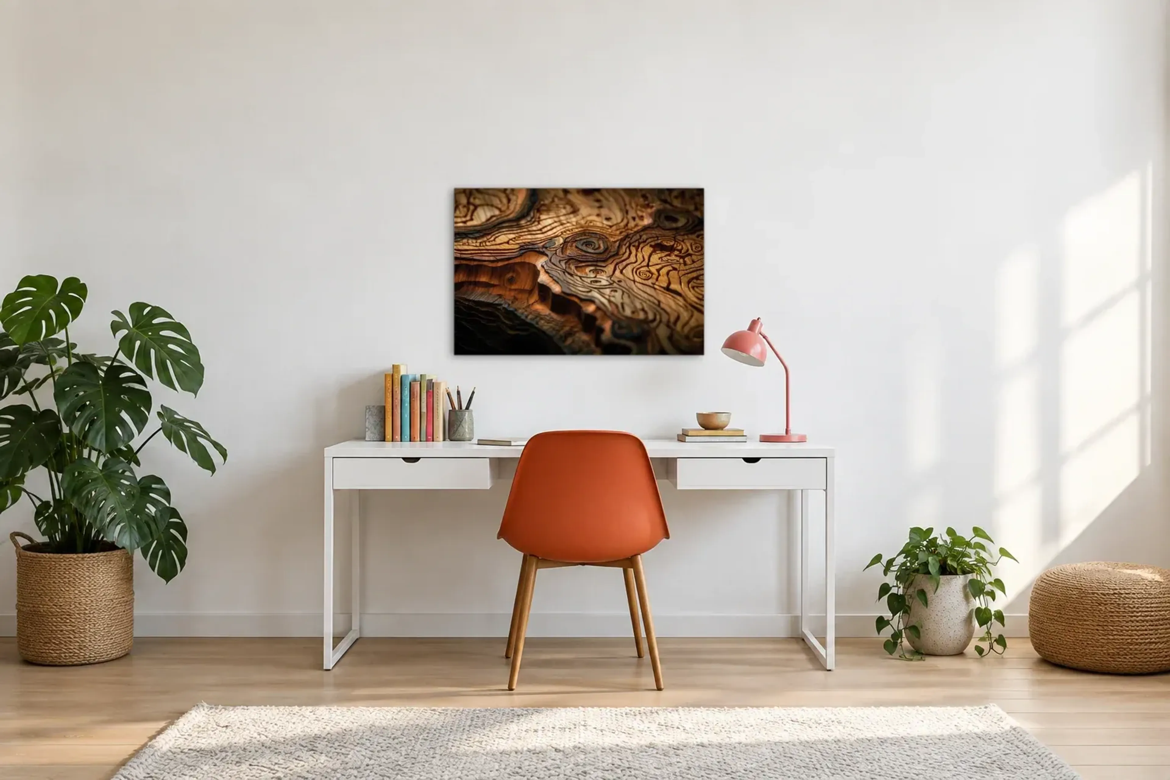 Holz in geschwungenen Linien als Wandbild über einem 140-cm-Schreibtisch