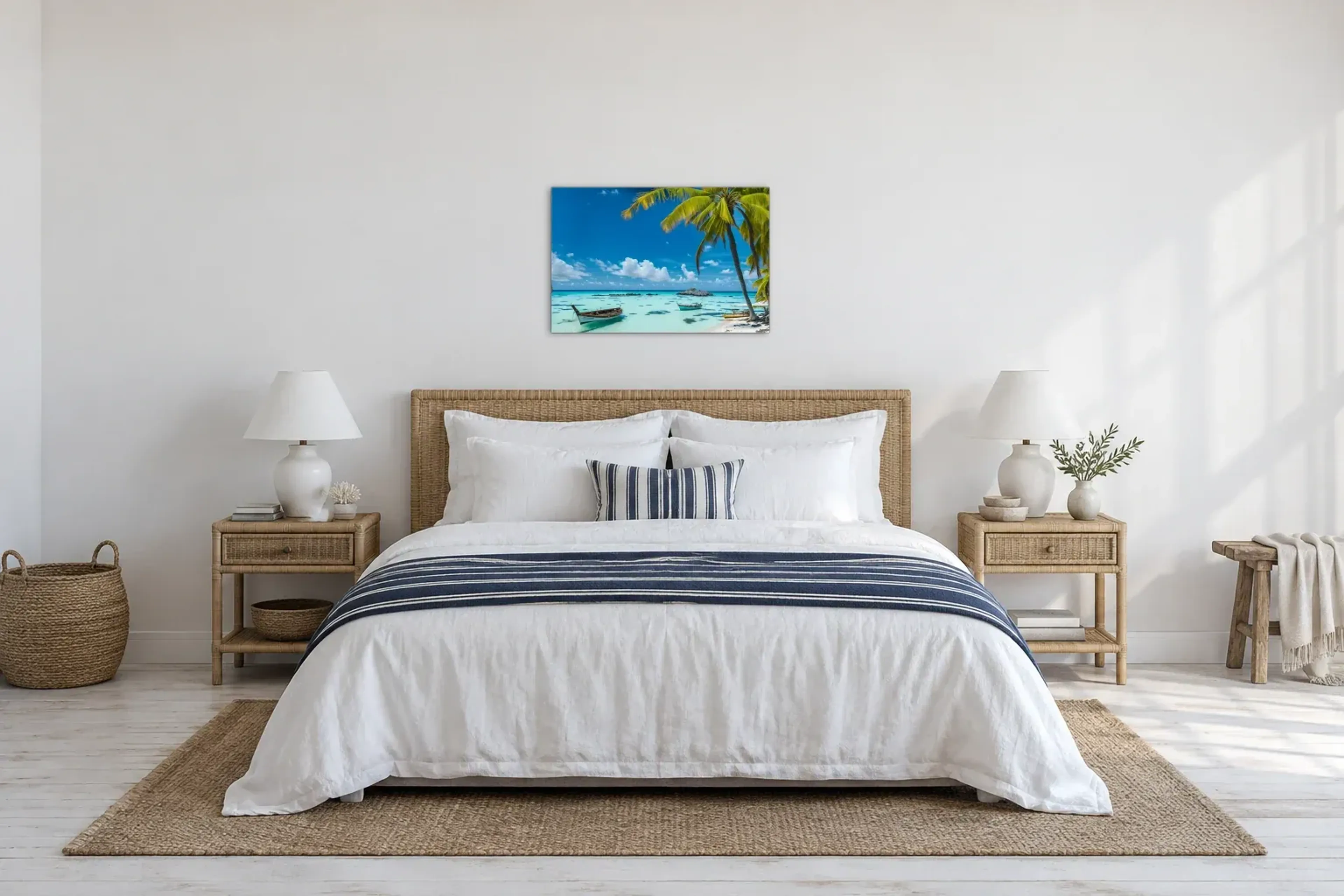 Boote unter Palmen als Wandbild über einem 180-cm-Bett