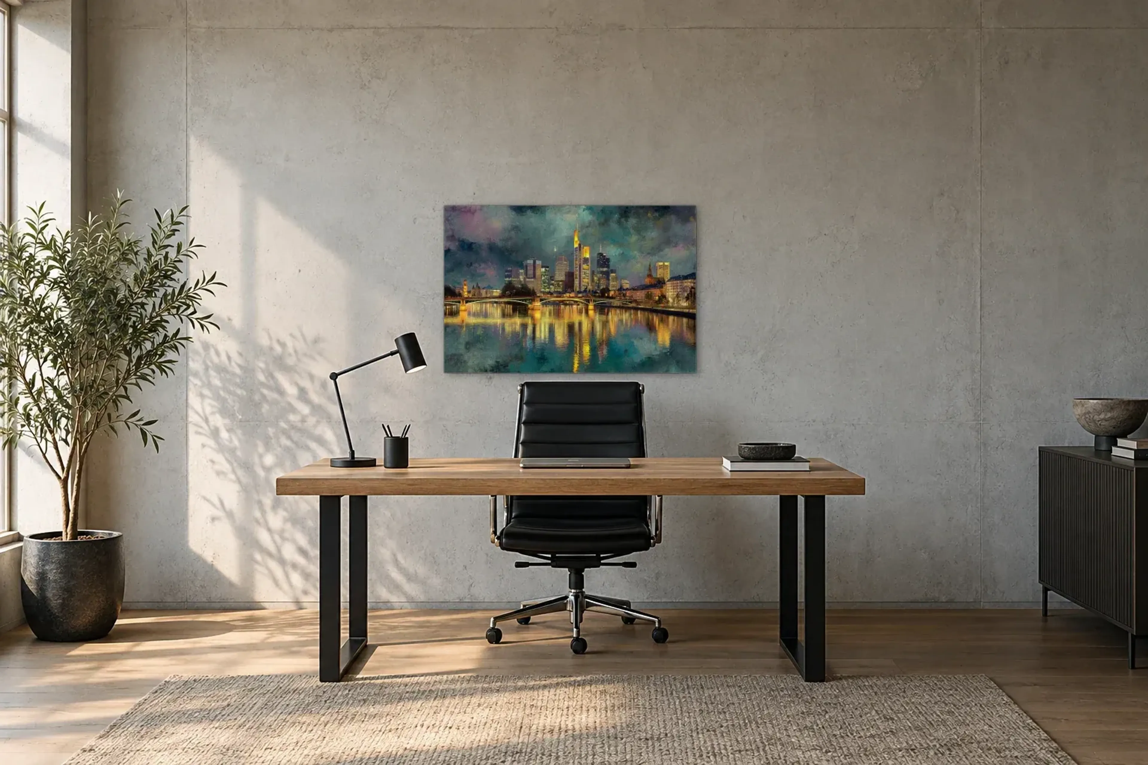 Goldene Lichter am Main als Wandbild über einem 160-cm-Schreibtisch