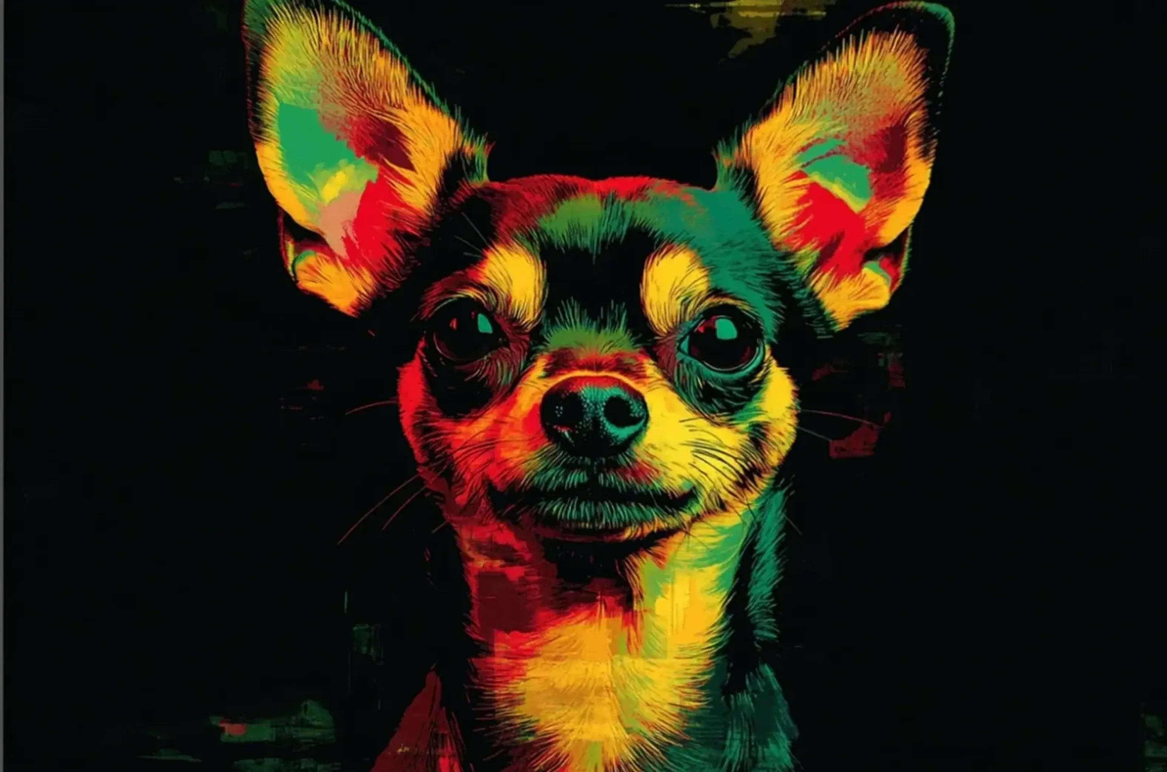 Chihuahua mit großen aufgestellten Ohren, dunklen Augen und rot-gelb-grünen Farbakzenten vor schwarzem Grund.