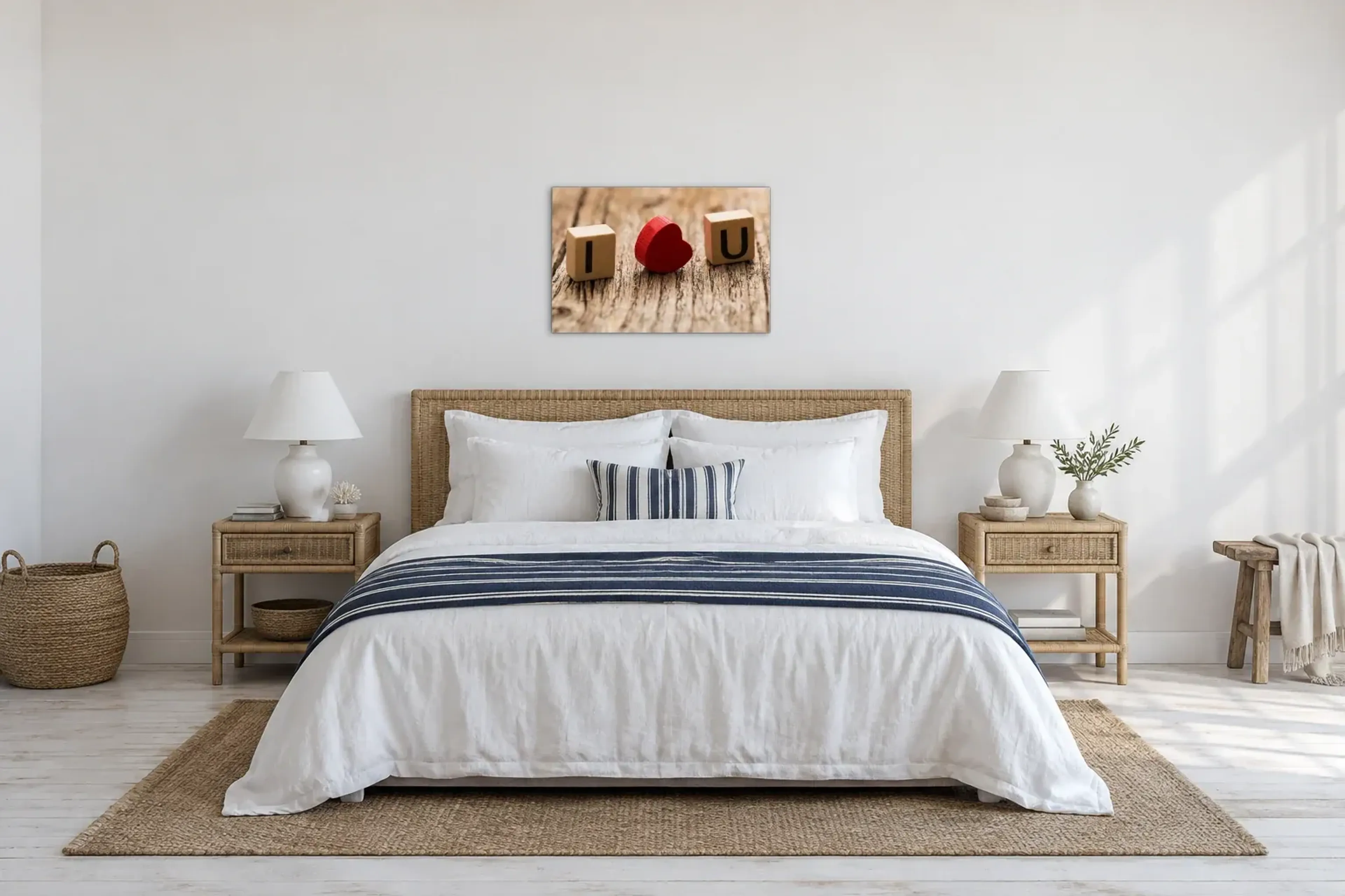 I Love You Herz als Wandbild über einem 180-cm-Bett