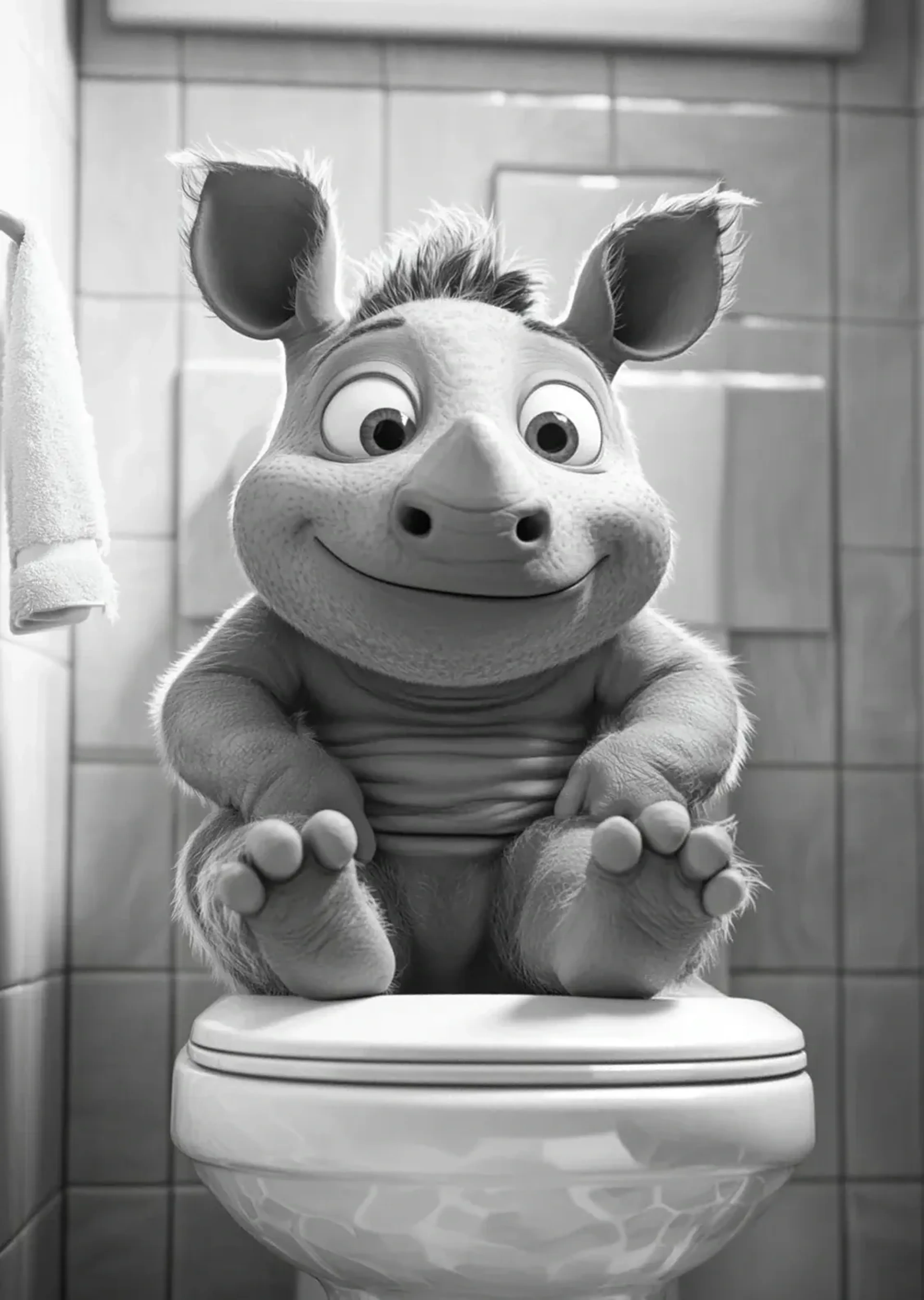 Lächelndes Comic-Nashorn mit großen Ohren und vorgestreckten Füßen auf einer Toilette in Schwarz-Weiß.