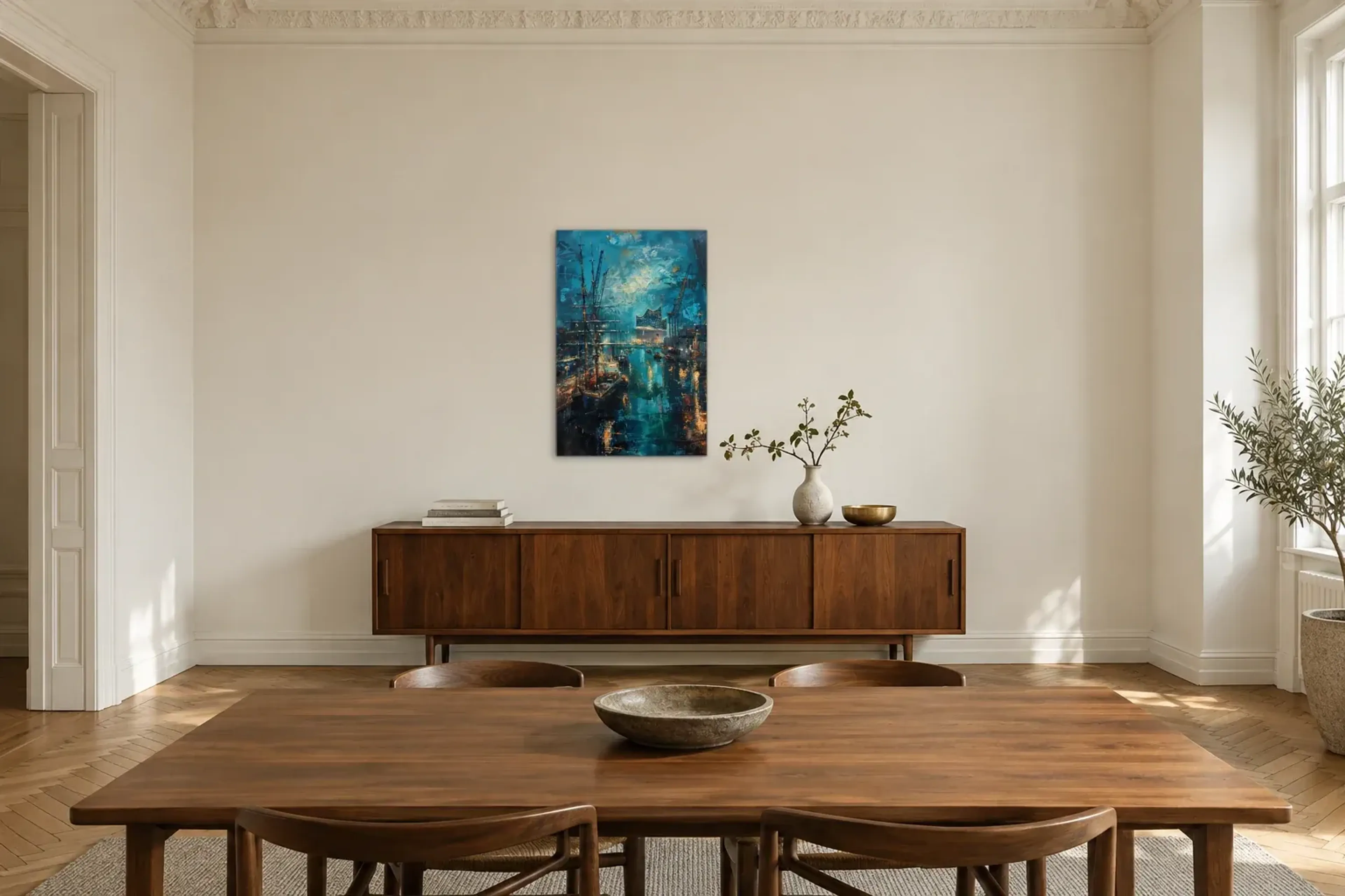 Elbphilharmonie in Türkis als Wandbild über einem 200-cm-Sideboard
