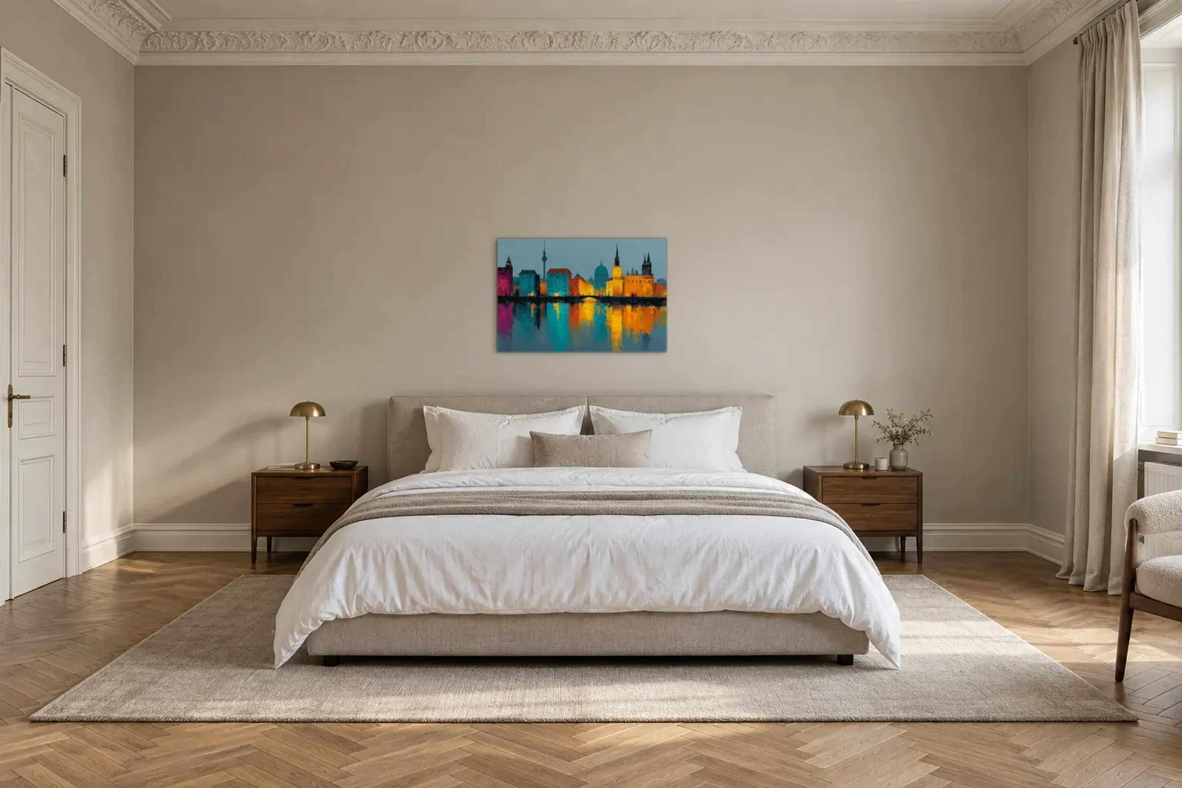 Leuchtende Fassaden am Wasser als Wandbild über einem 180-cm-Bett