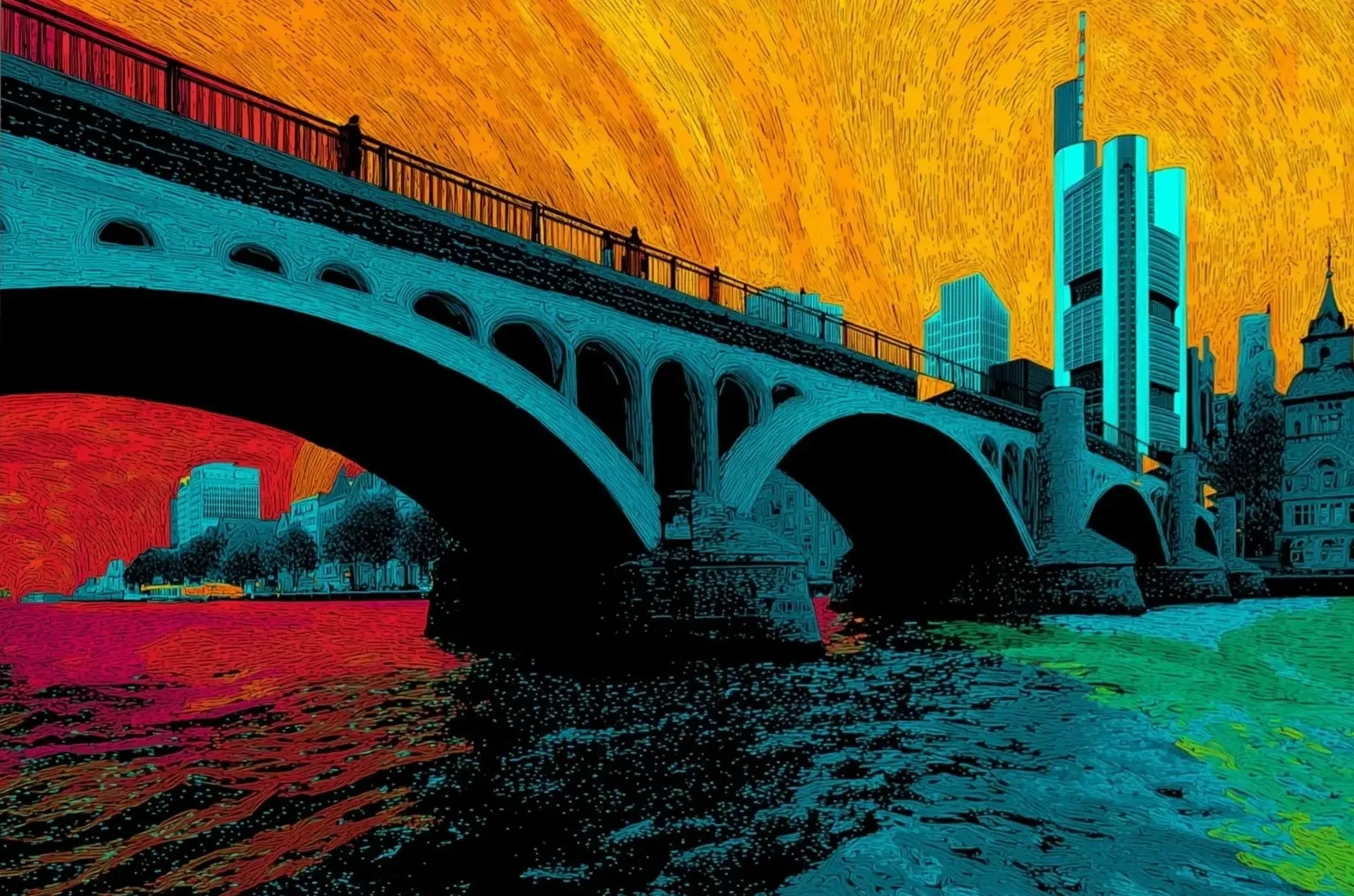 Türkisfarbene Brücke mit schwarzen Bögen vor Frankfurter Hochhäusern und orangegelbem Himmel.