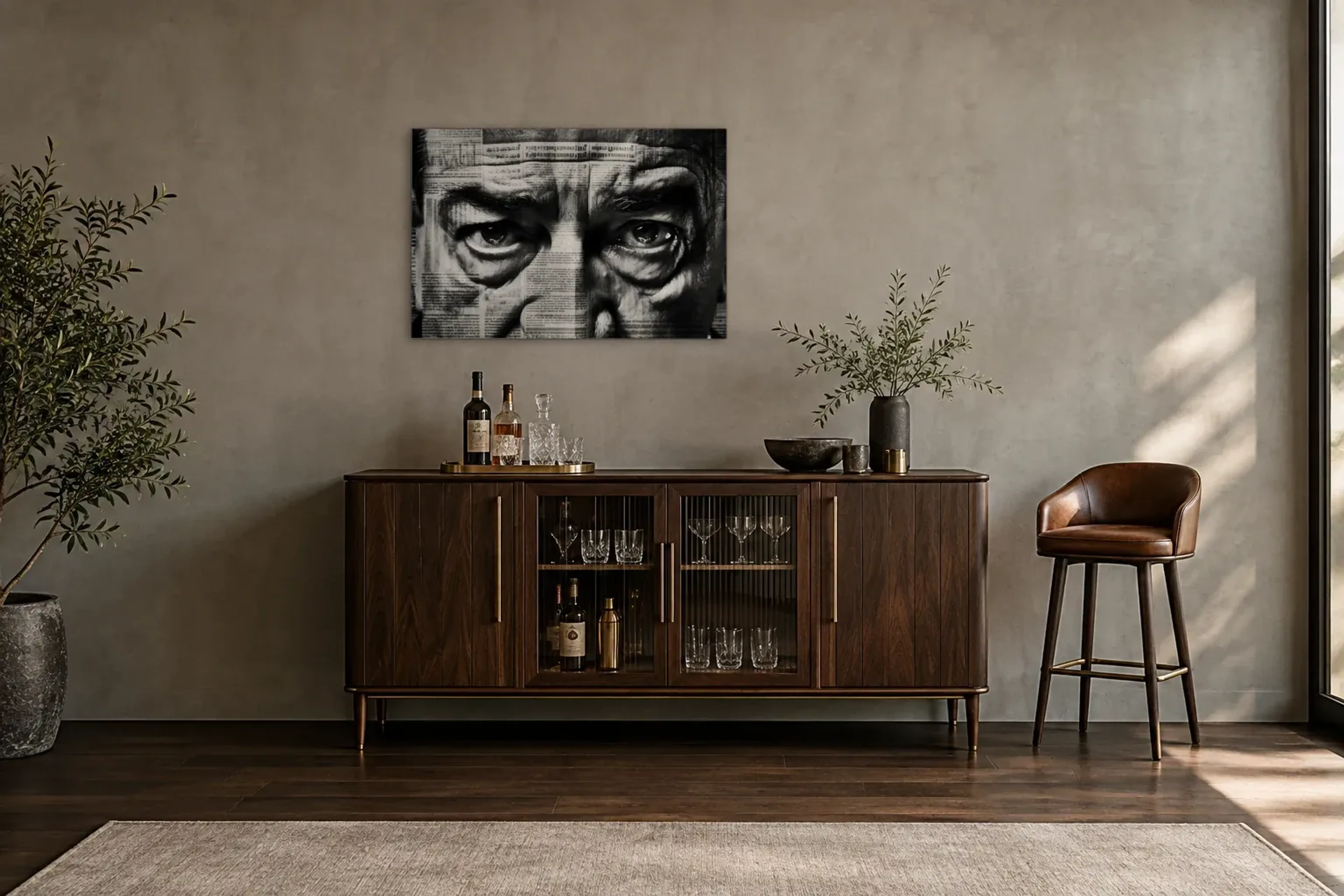 Blick durch Zeitung als Wandbild über einem 150-cm-Barschrank