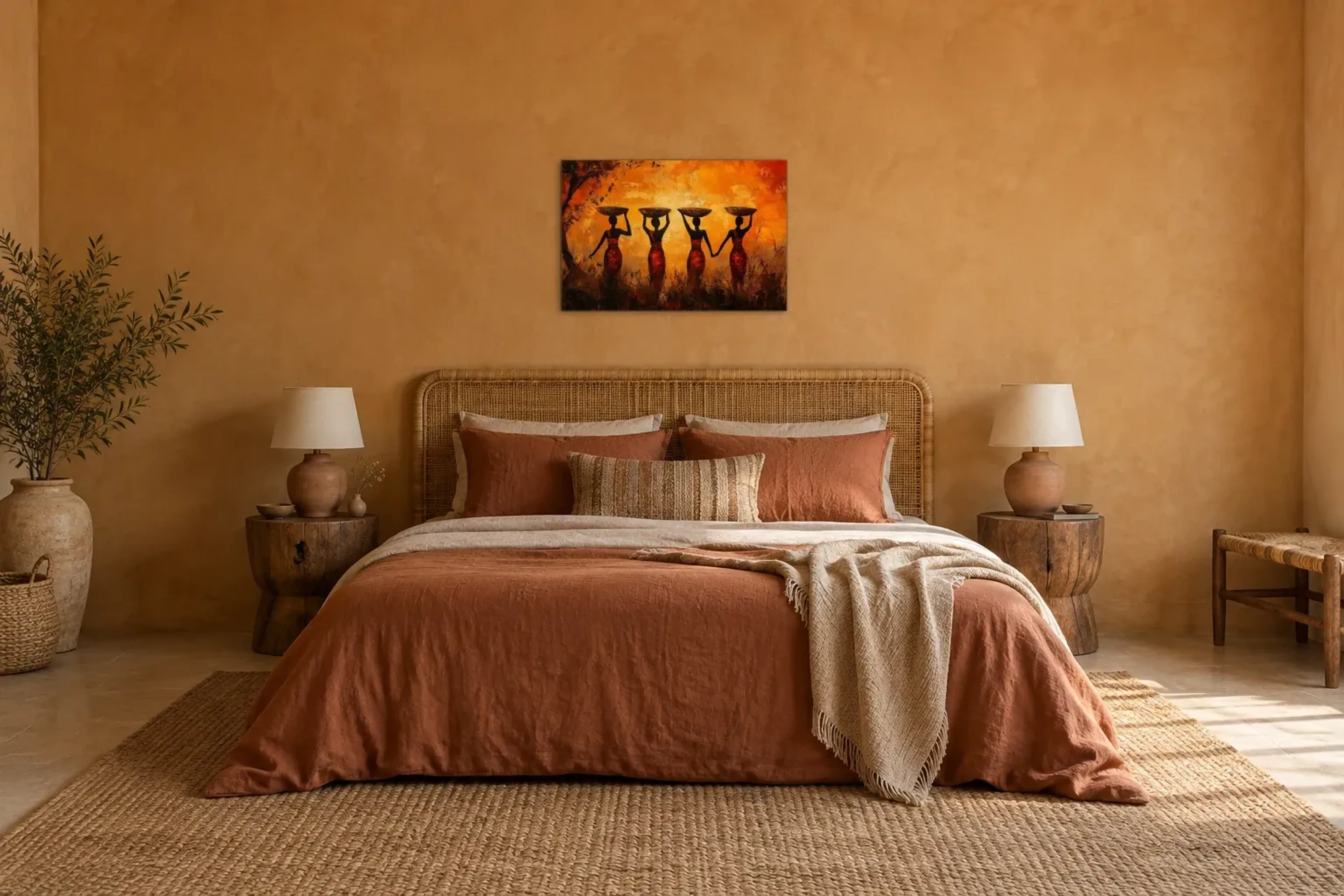 Frauen mit Schalen als Wandbild über einem 180-cm-Bett
