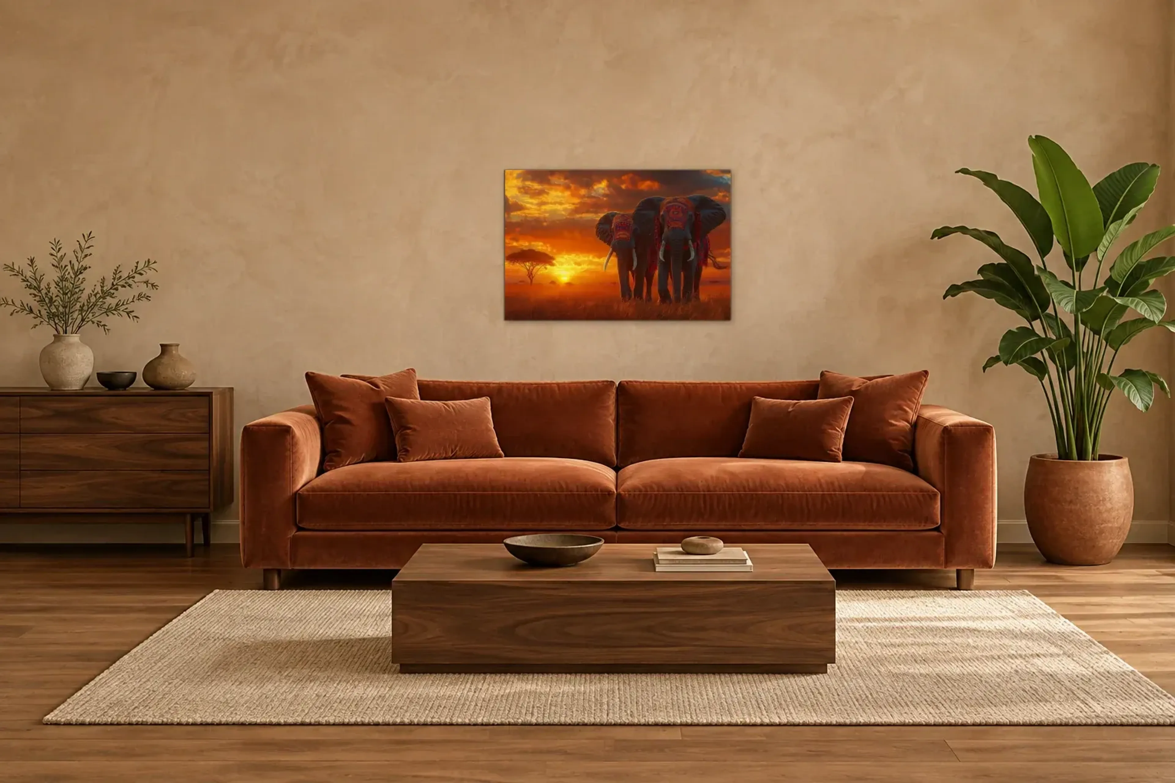 Elefantenmarsch als Wandbild über einem 220-cm-Sofa