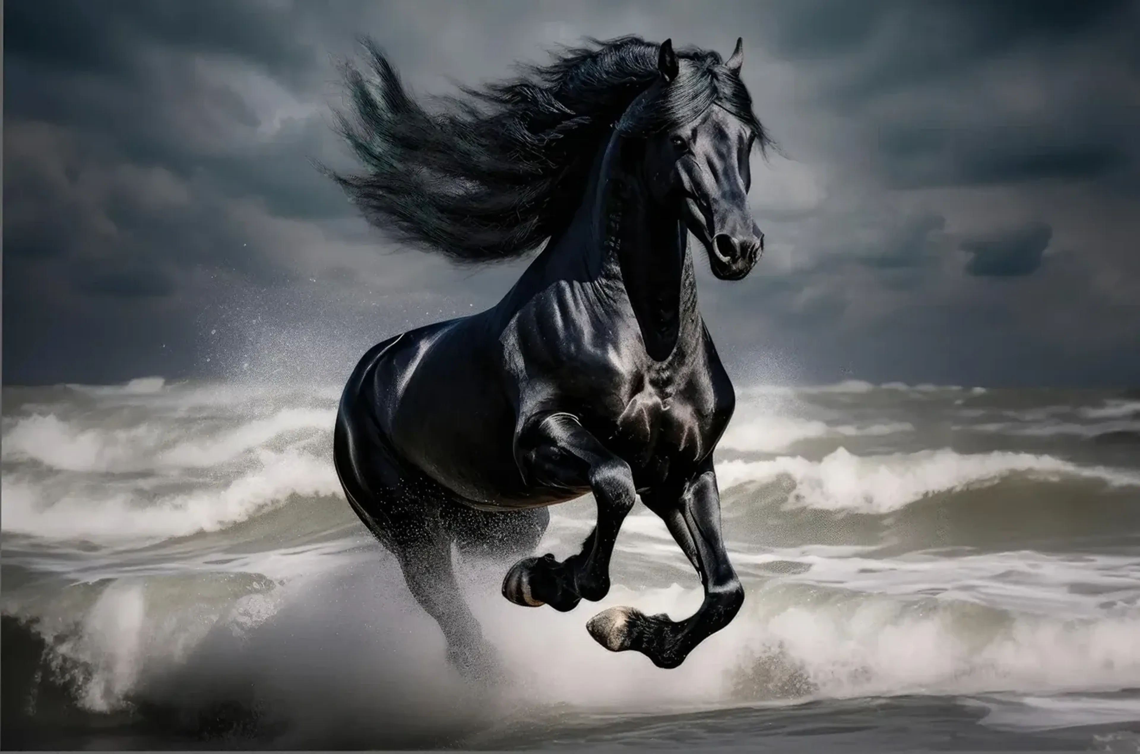 Ein schwarzes Pferd mit wehender Mähne springt durch schäumende Meereswellen unter einem dunklen Wolkenhimmel.