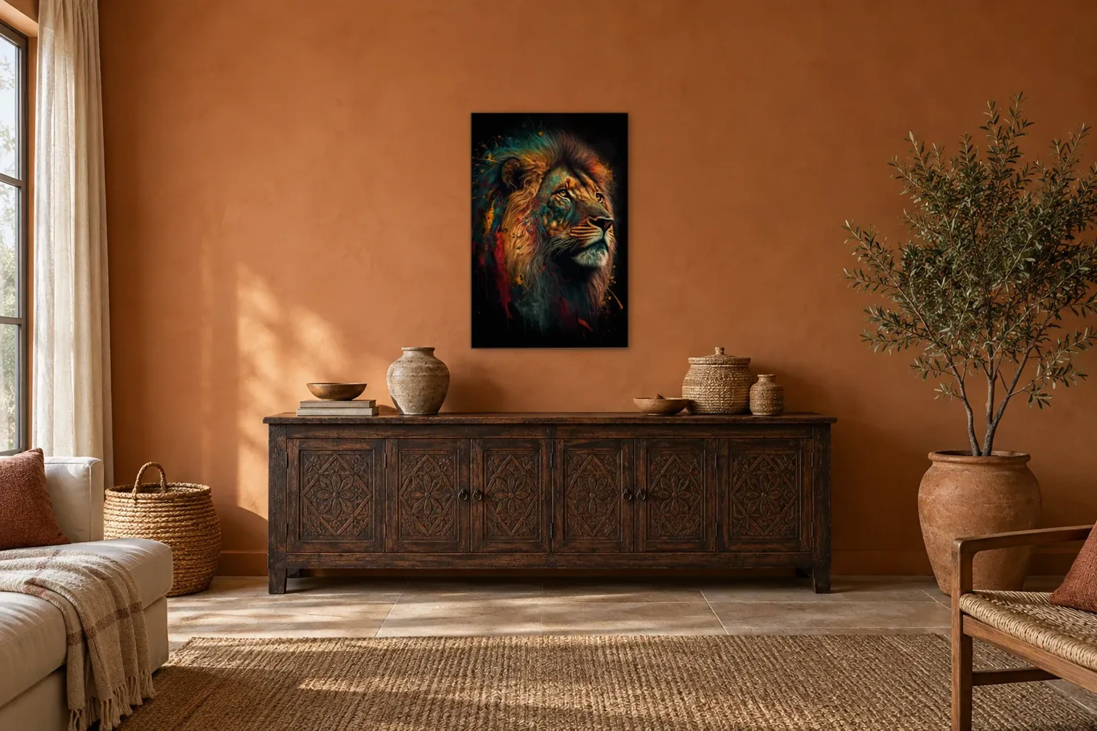 Löwenkopf abstrakt als Wandbild über einem 180-cm-Sideboard