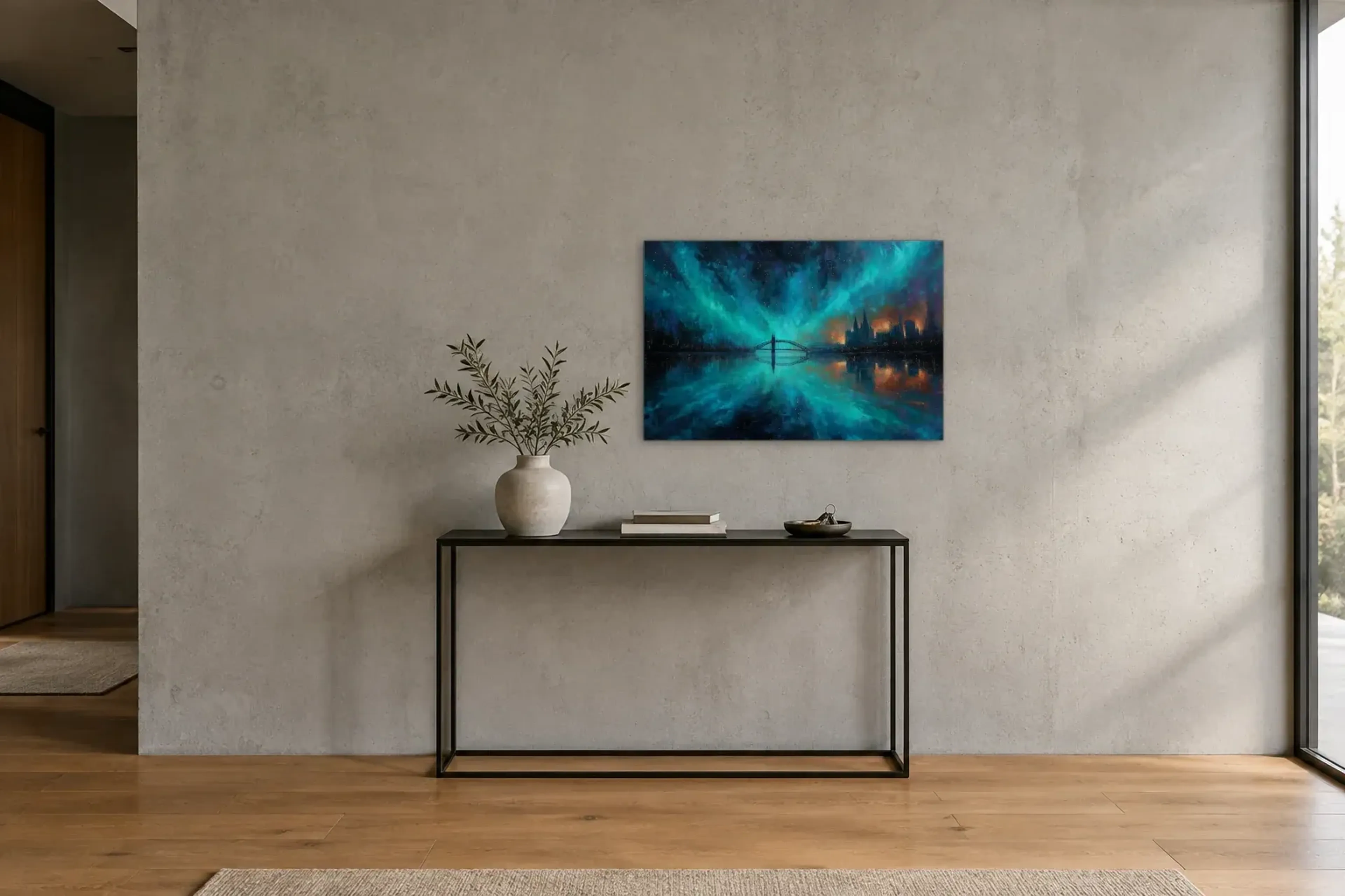 Türkisnacht über Köln als Wandbild über einer 120-cm-Konsole