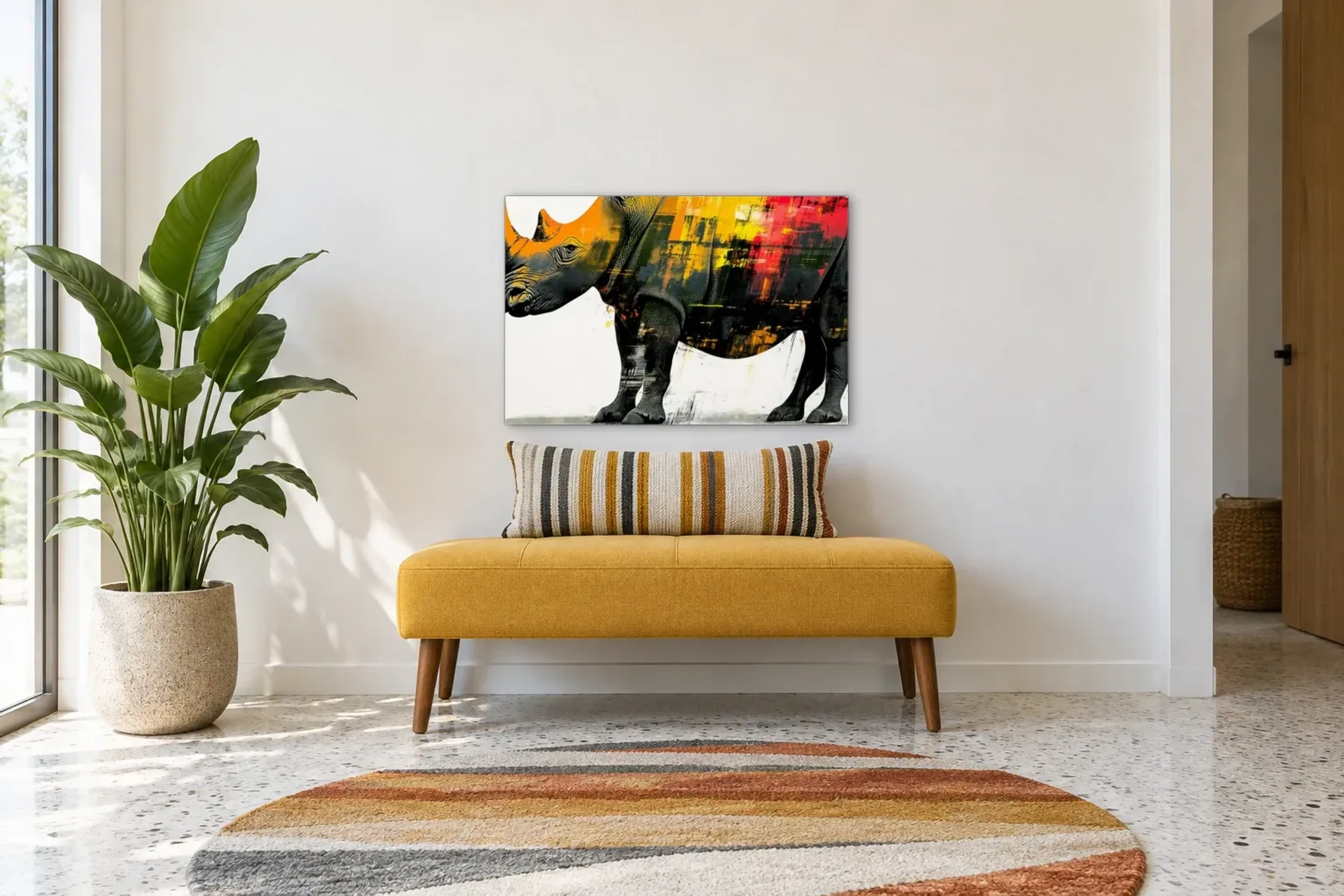 Nashorn in Nahansicht als Wandbild über einer 120-cm-Bank
