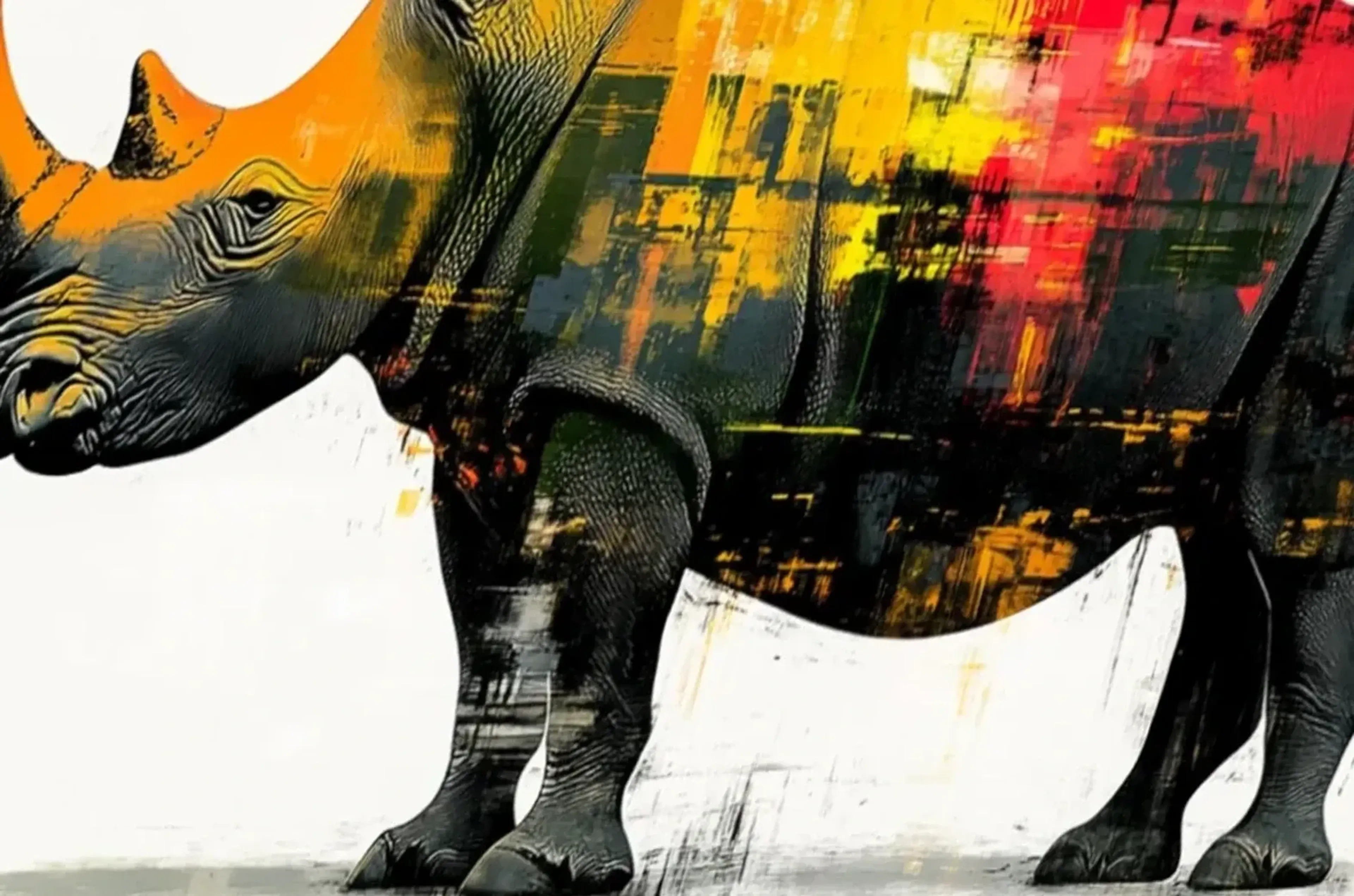 Nashorn in Nahansicht – Motiv als Wandbild auf Holz