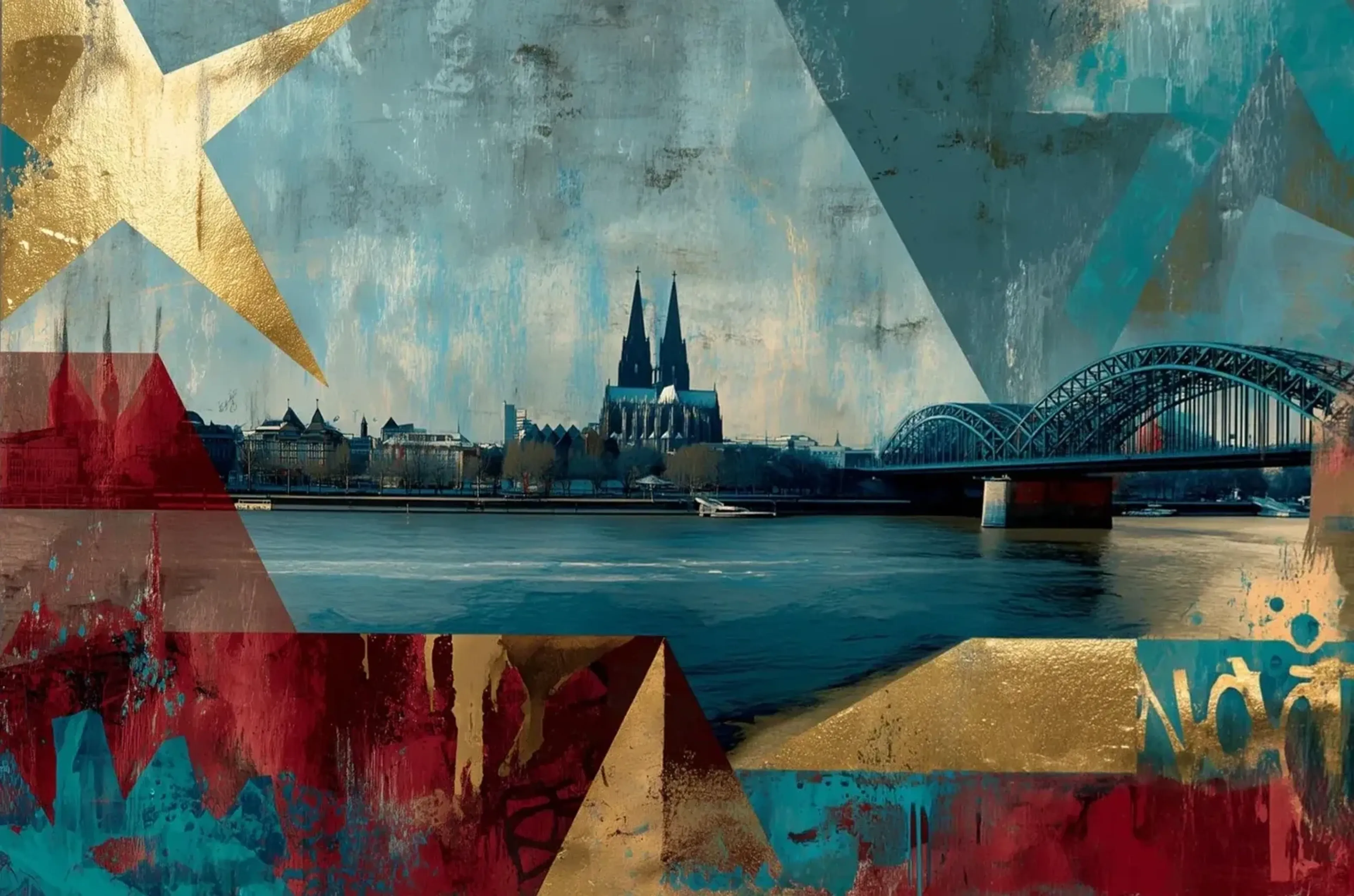 Kölner Dom und Rheinbrücke, umrahmt von einem goldfarbenen Stern und rauen Flächen in Rot, Türkis und Grau.