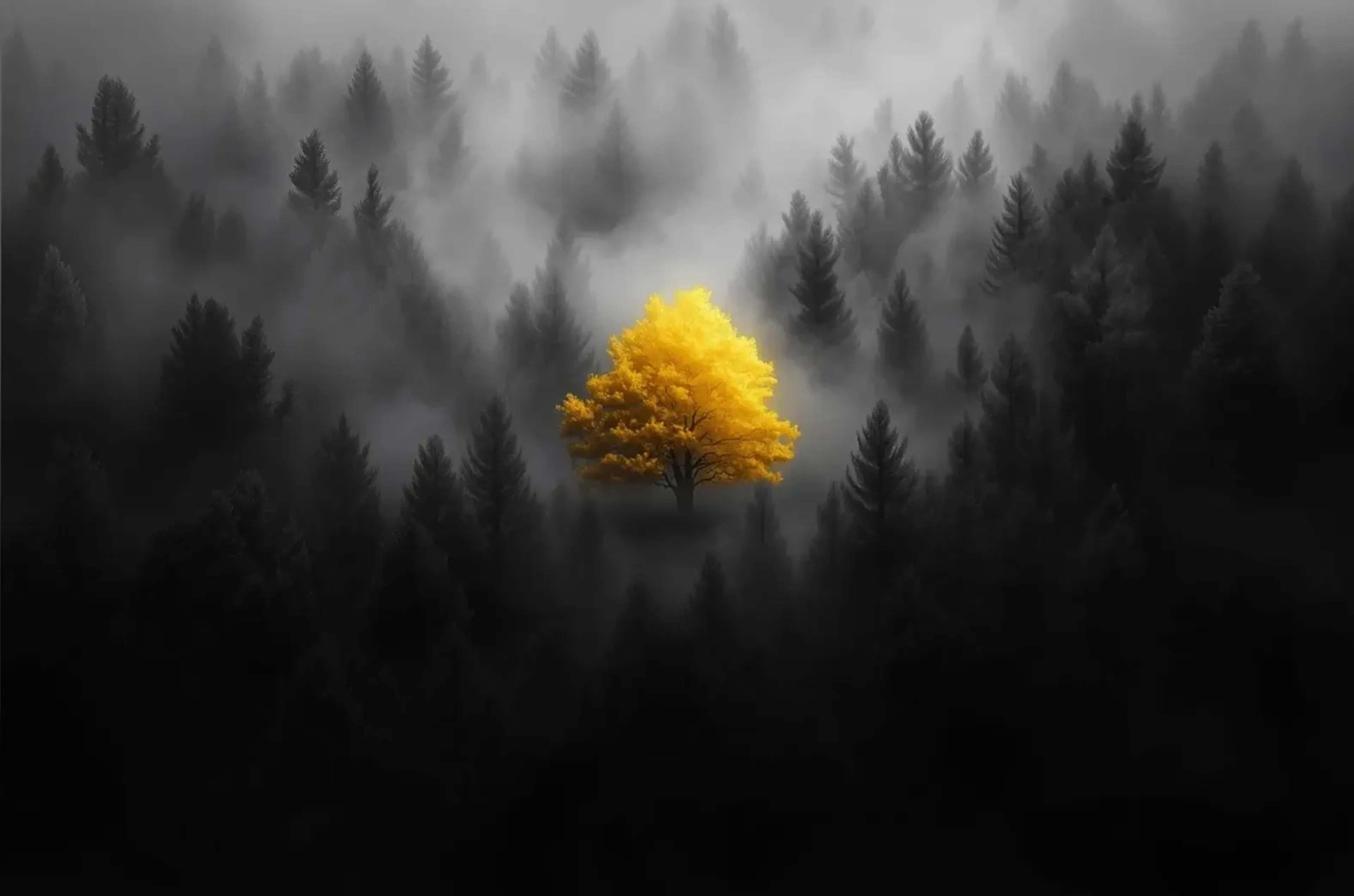 Goldener Baum im Nebel – Motiv als Wandbild auf Holz