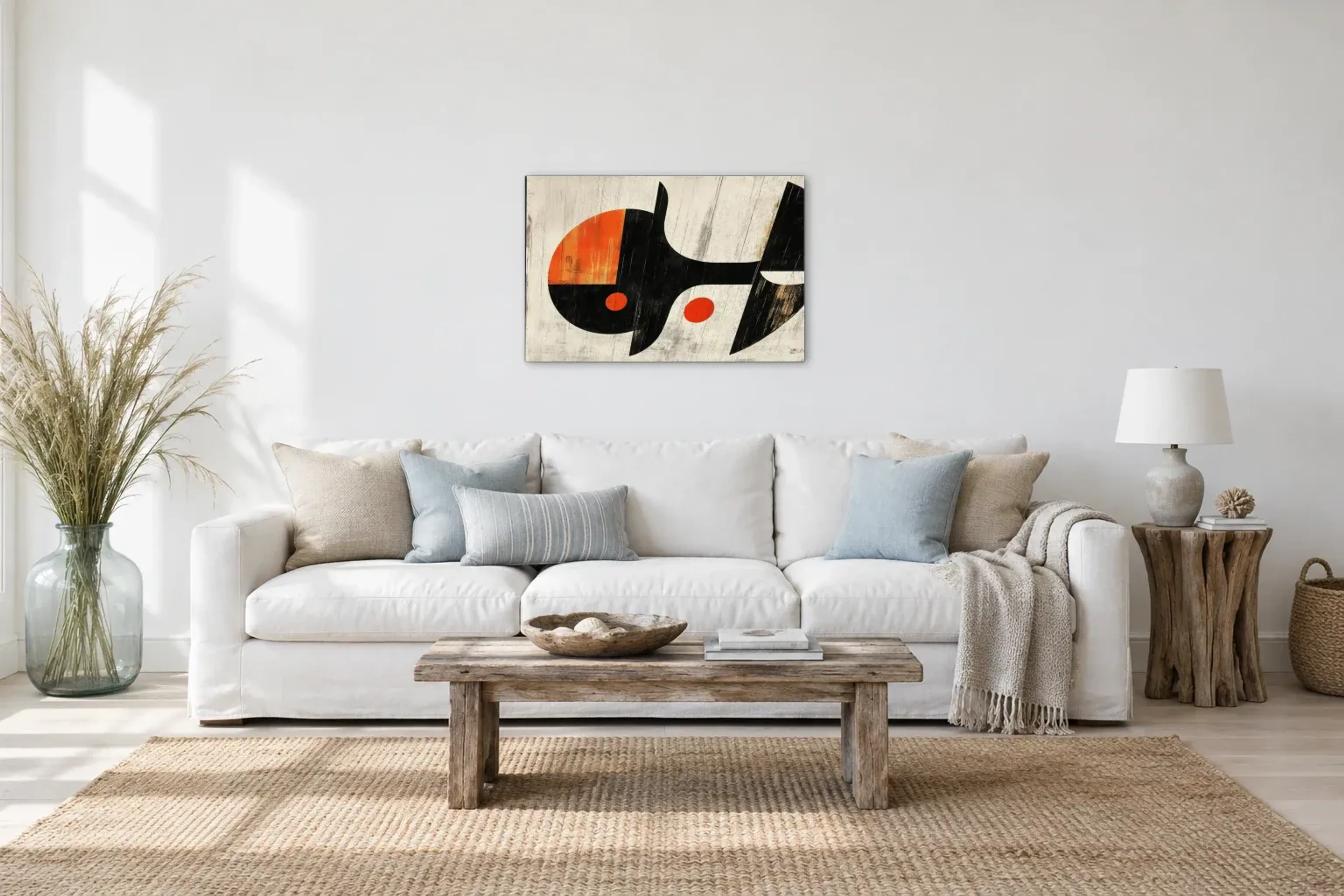 Abstrakter Fisch als Wandbild über einem 220-cm-Sofa