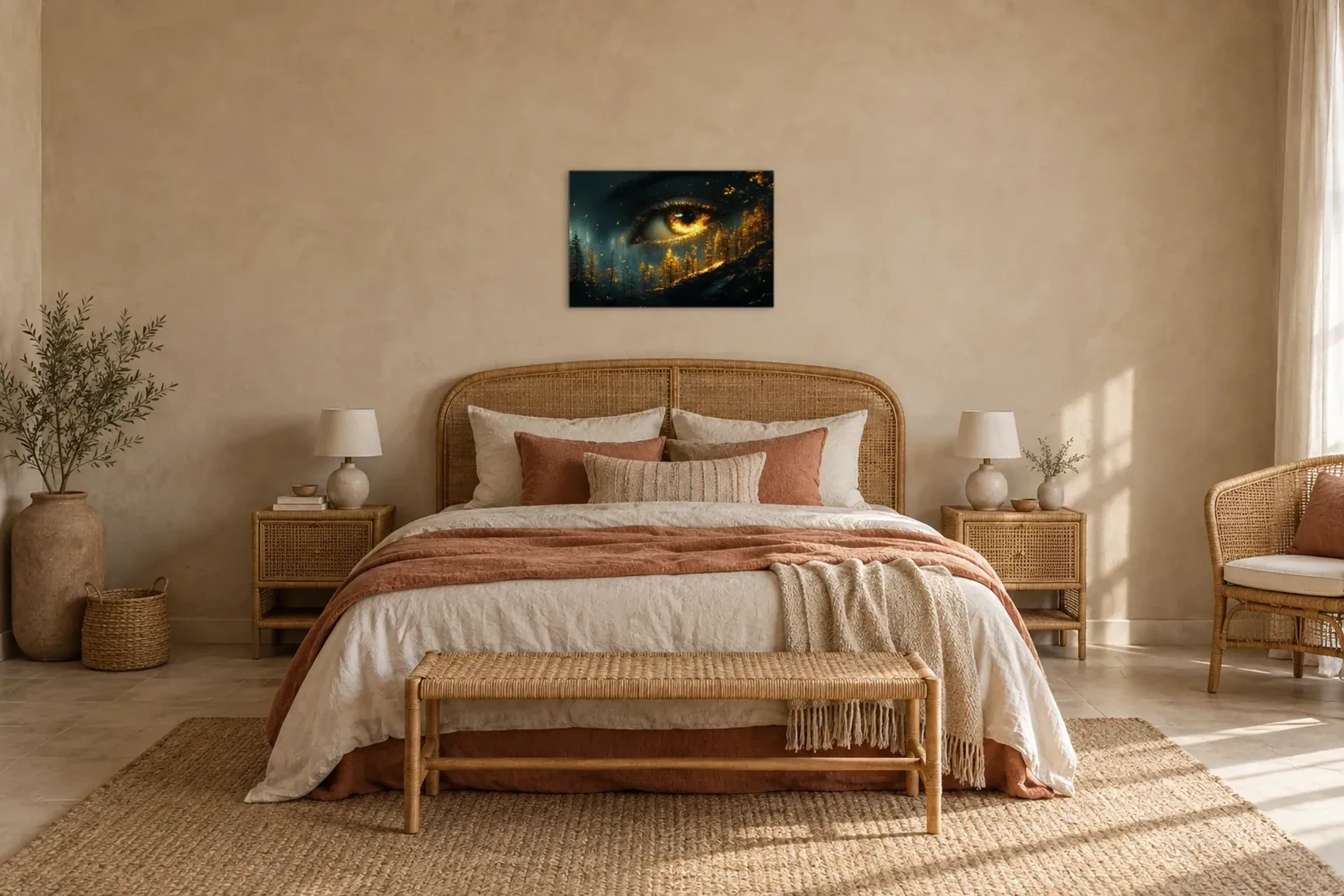Feuerblick als Wandbild über einem 180-cm-Bett