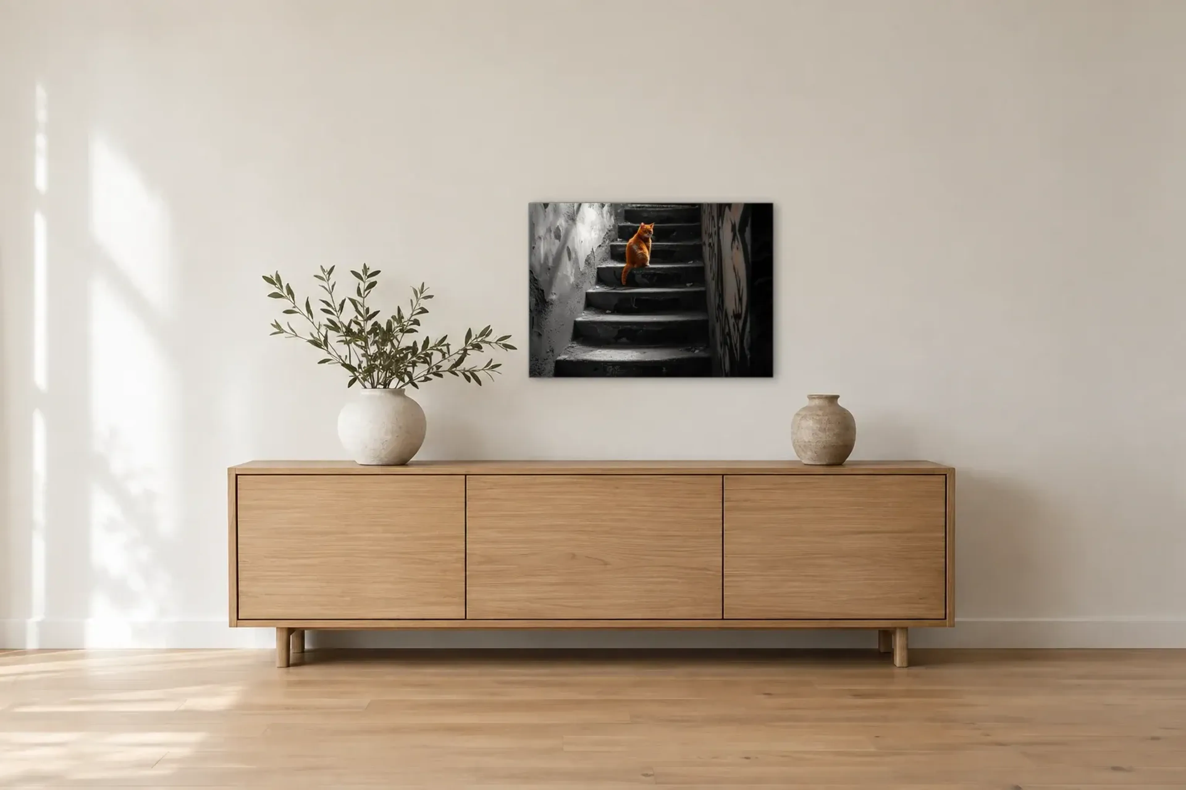 Katze auf alten Stufen als Wandbild über einem 180-cm-Sideboard