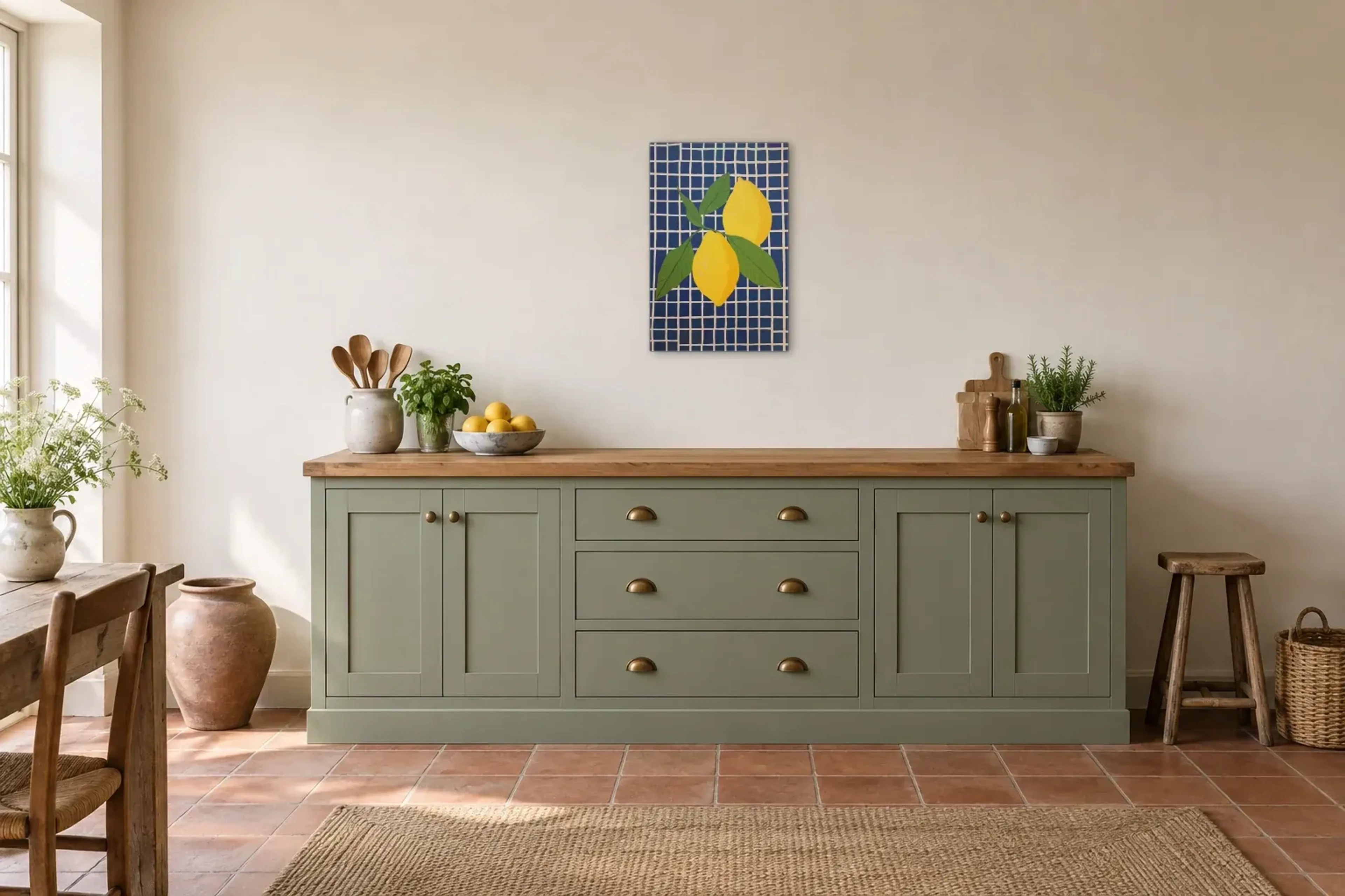 Zitronen auf blauem Gitter als Wandbild über einer 200-cm-Arbeitsplatte