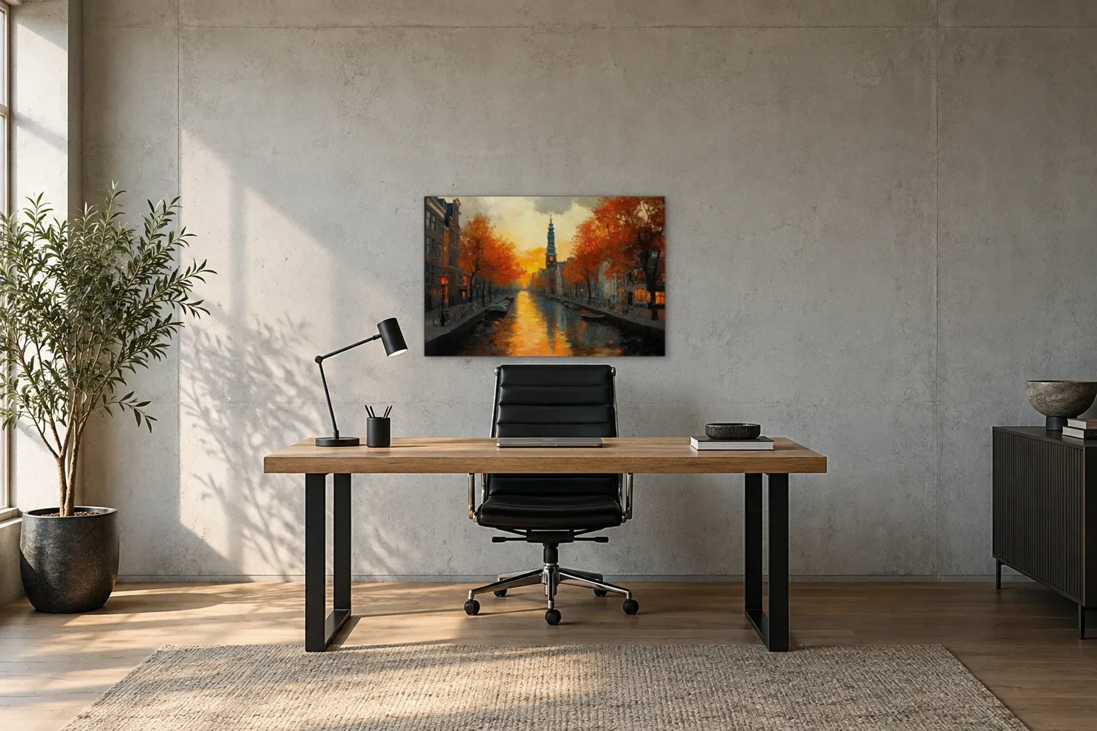 Herbst an Amsterdams Gracht als Wandbild über einem 160-cm-Schreibtisch