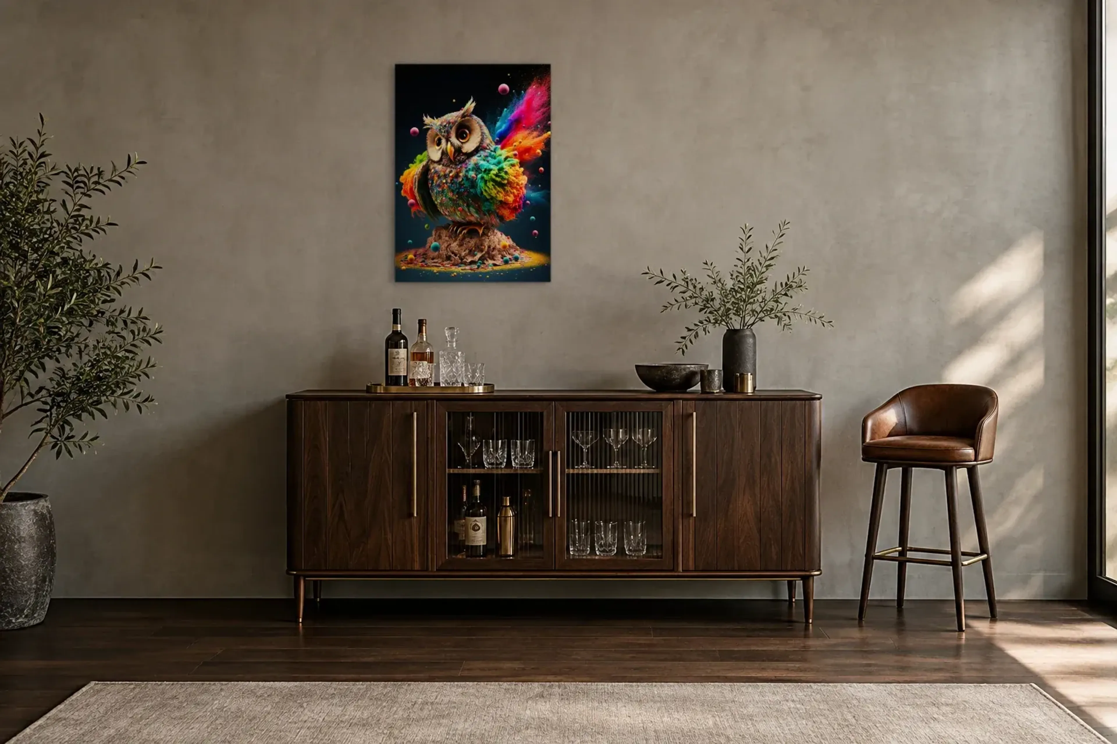 Eule im Farbenwirbel als Wandbild über einem 150-cm-Barschrank