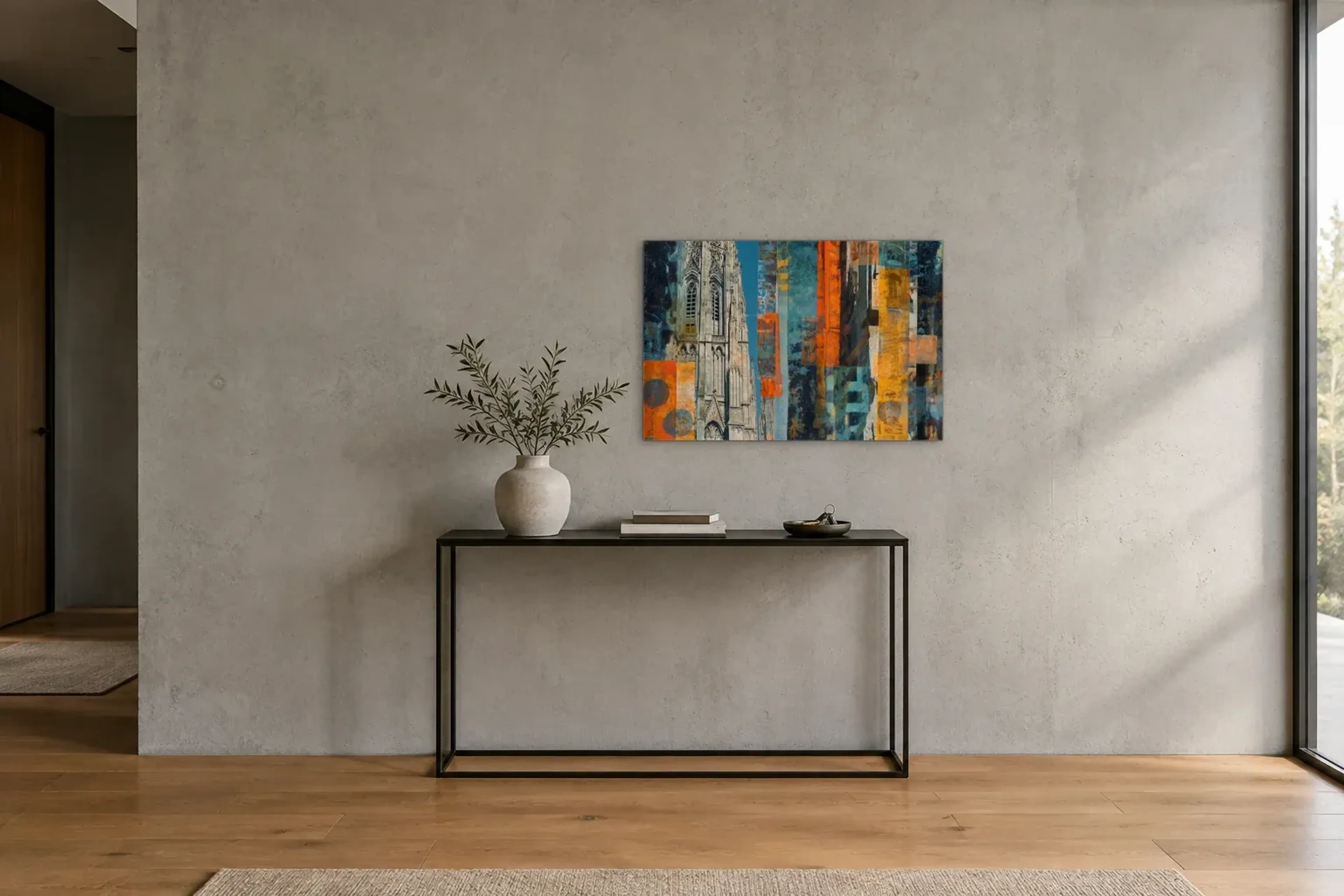 Dom in Türkisorange als Wandbild über einer 120-cm-Konsole