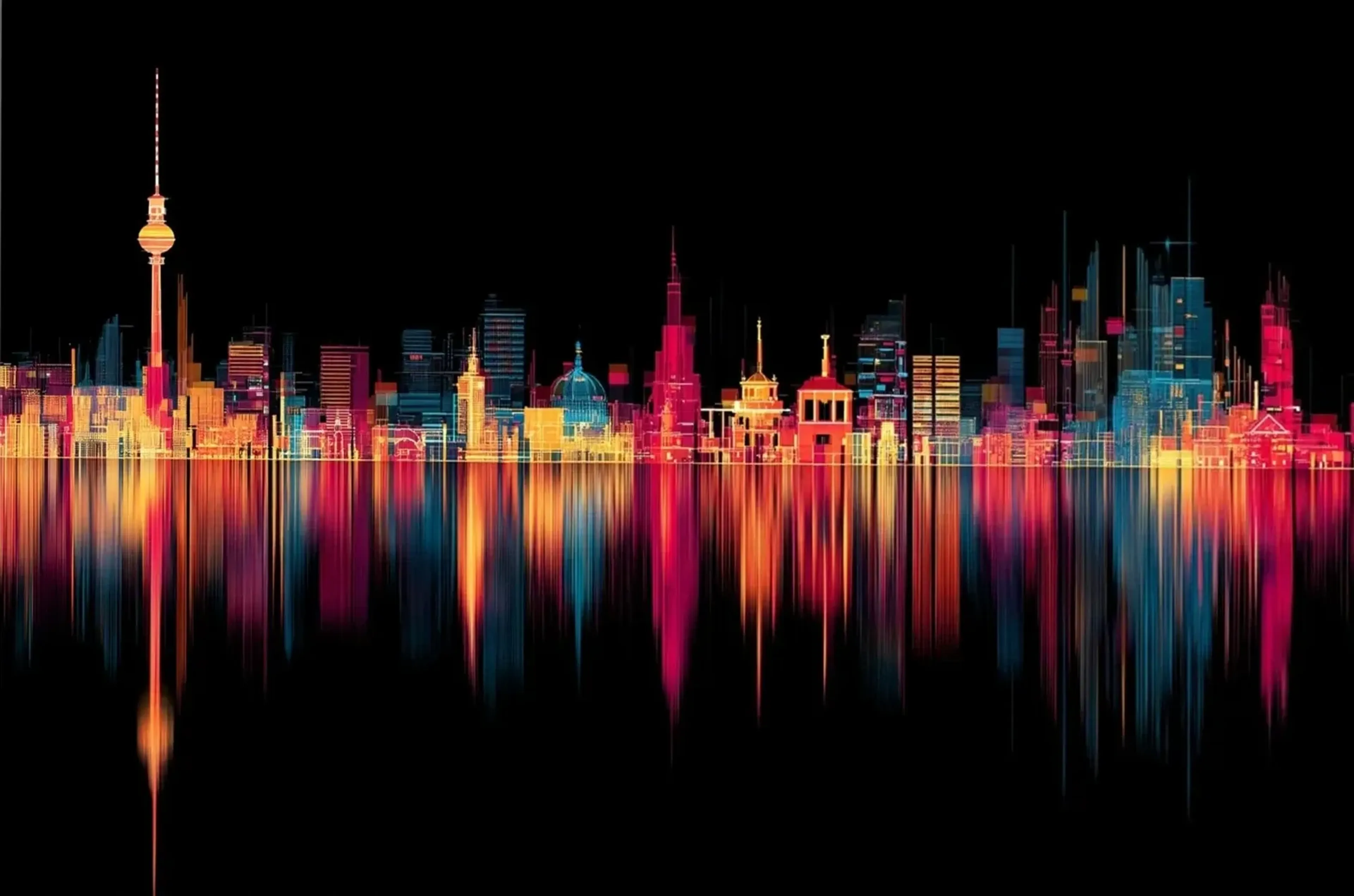 Bunte Stadtsilhouette mit Berliner Fernsehturm und langen senkrechten Lichtspiegelungen vor schwarzem Grund.