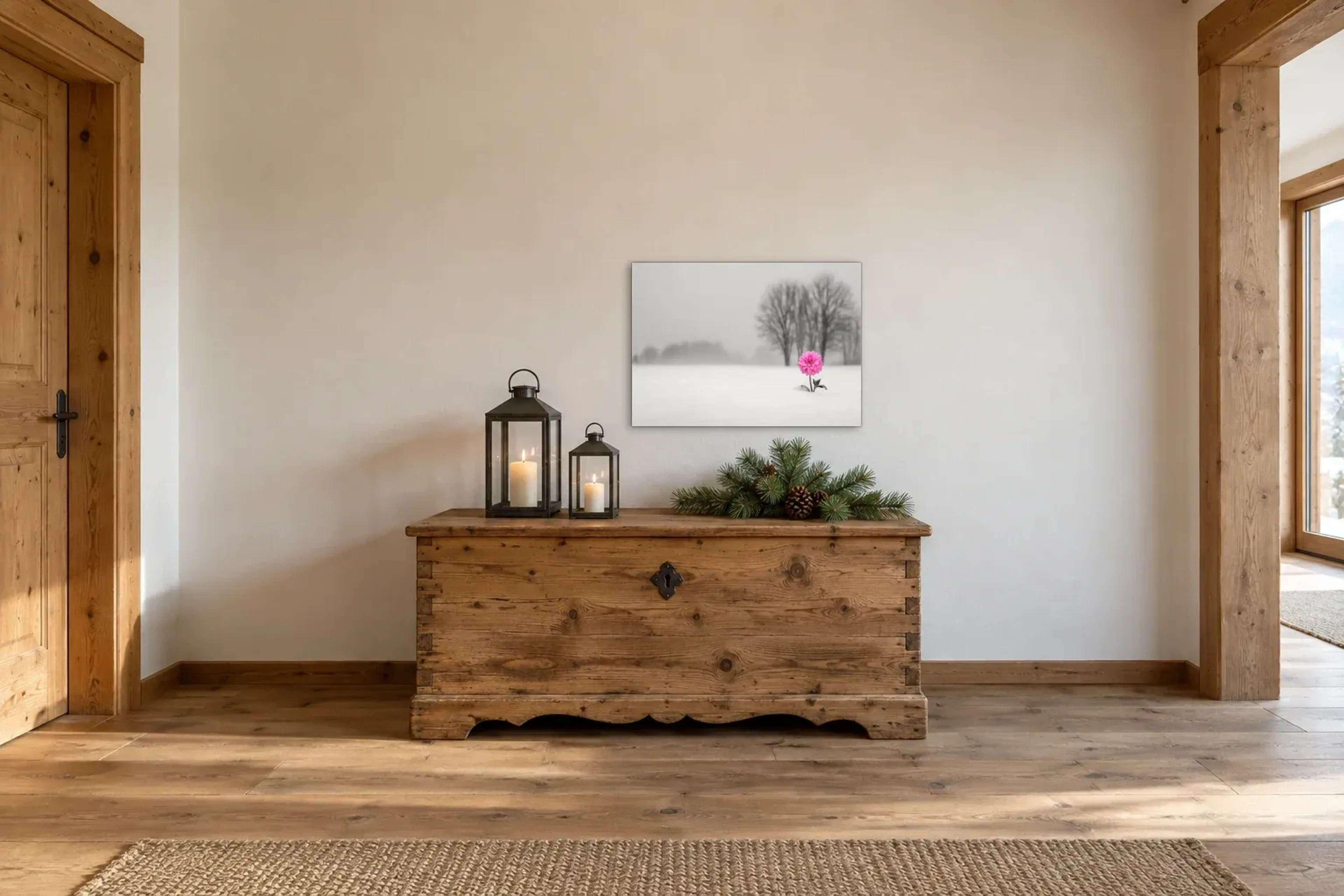 Winterpink im Schnee als Wandbild über einer 140-cm-Truhe