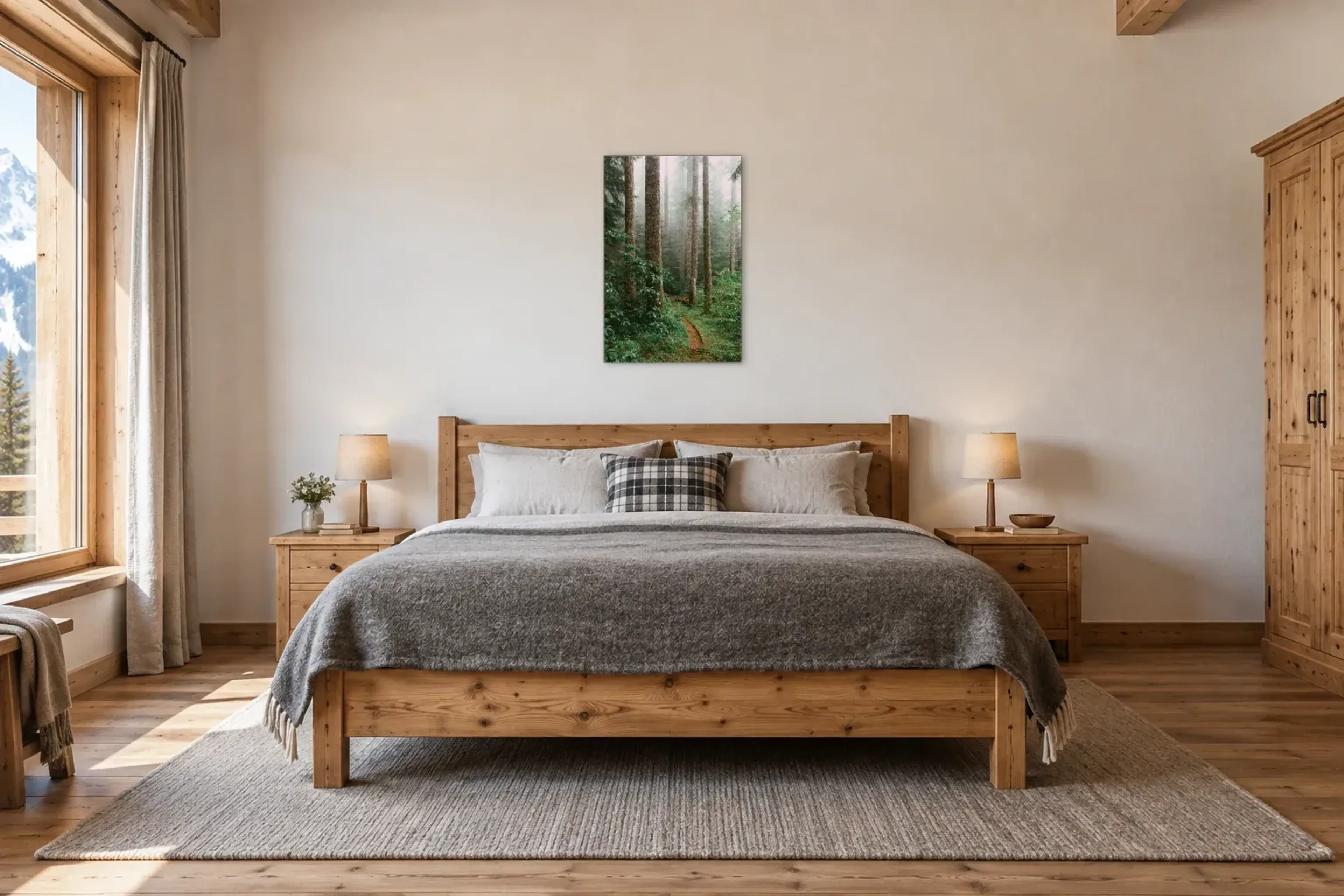 Waldpfad im Nebel als Wandbild über einem 180-cm-Bett