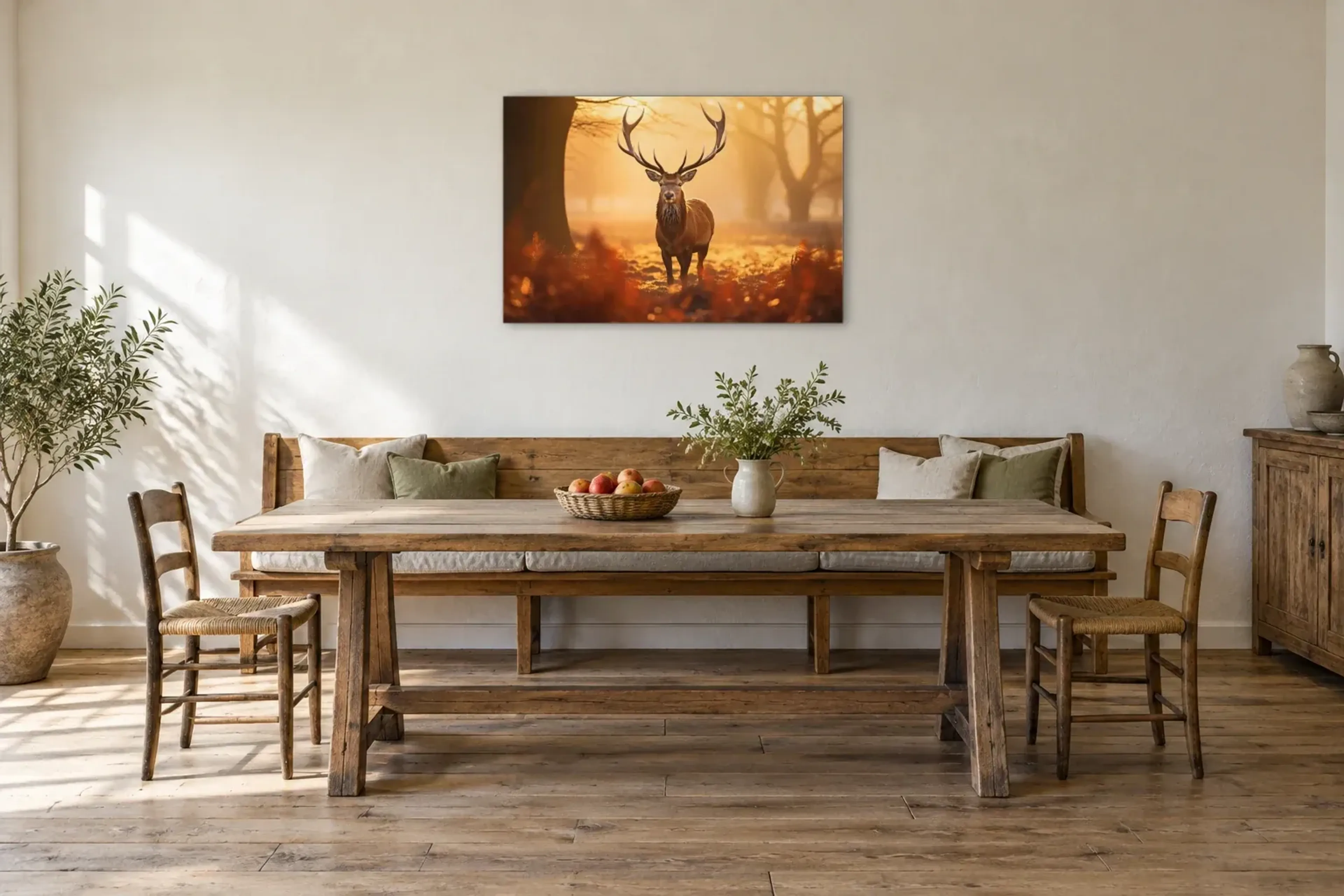 Stattlicher Hirsch als Wandbild über einer 200-cm-Sitzbank