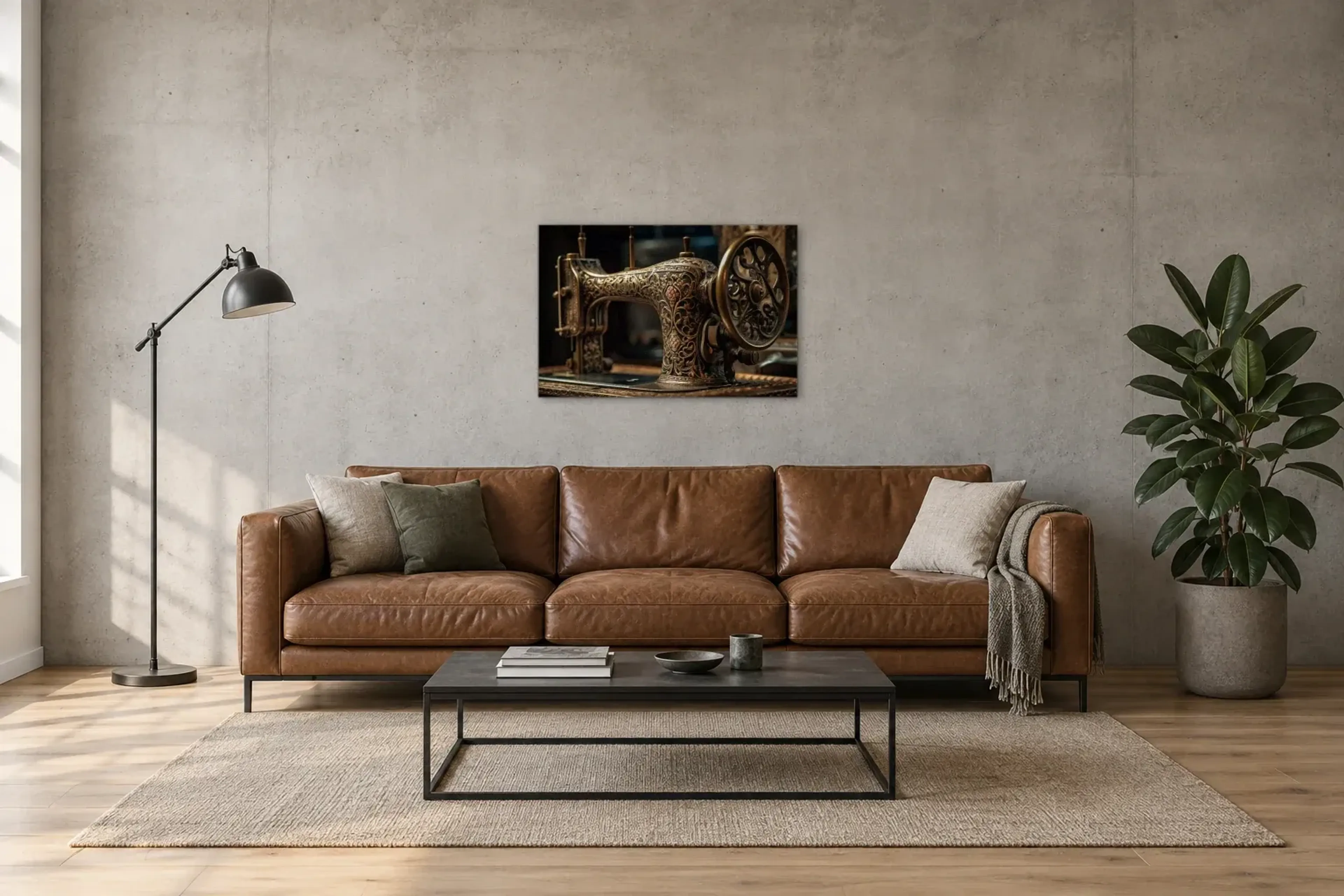 Nähmaschine mit Ornamenten als Wandbild über einem 220-cm-Sofa