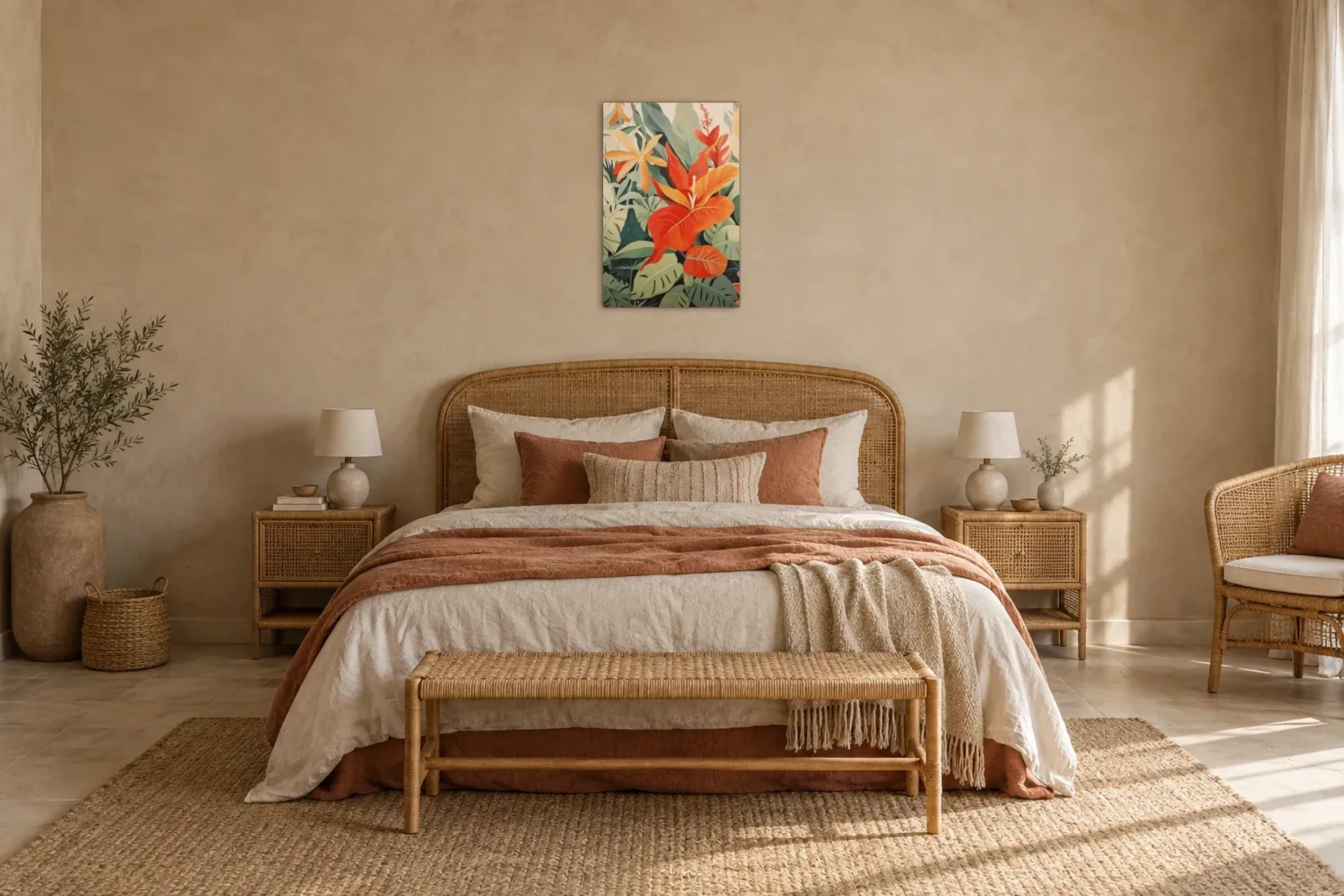 Exotische Blumen als Wandbild über einem 180-cm-Bett