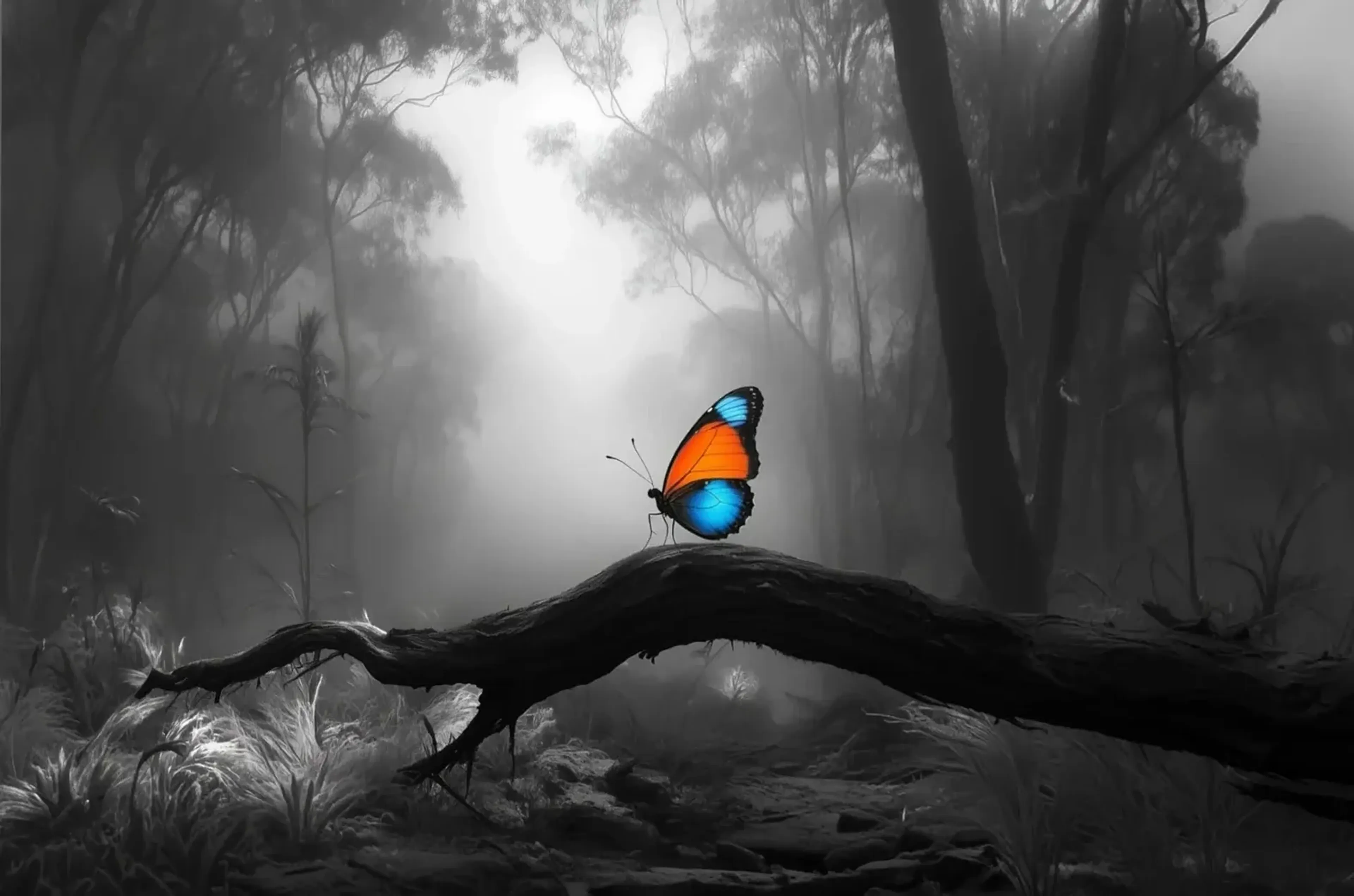 Ein orange-blauer Schmetterling sitzt auf einem dunklen Ast vor einem nebligen Wald in Grautönen.