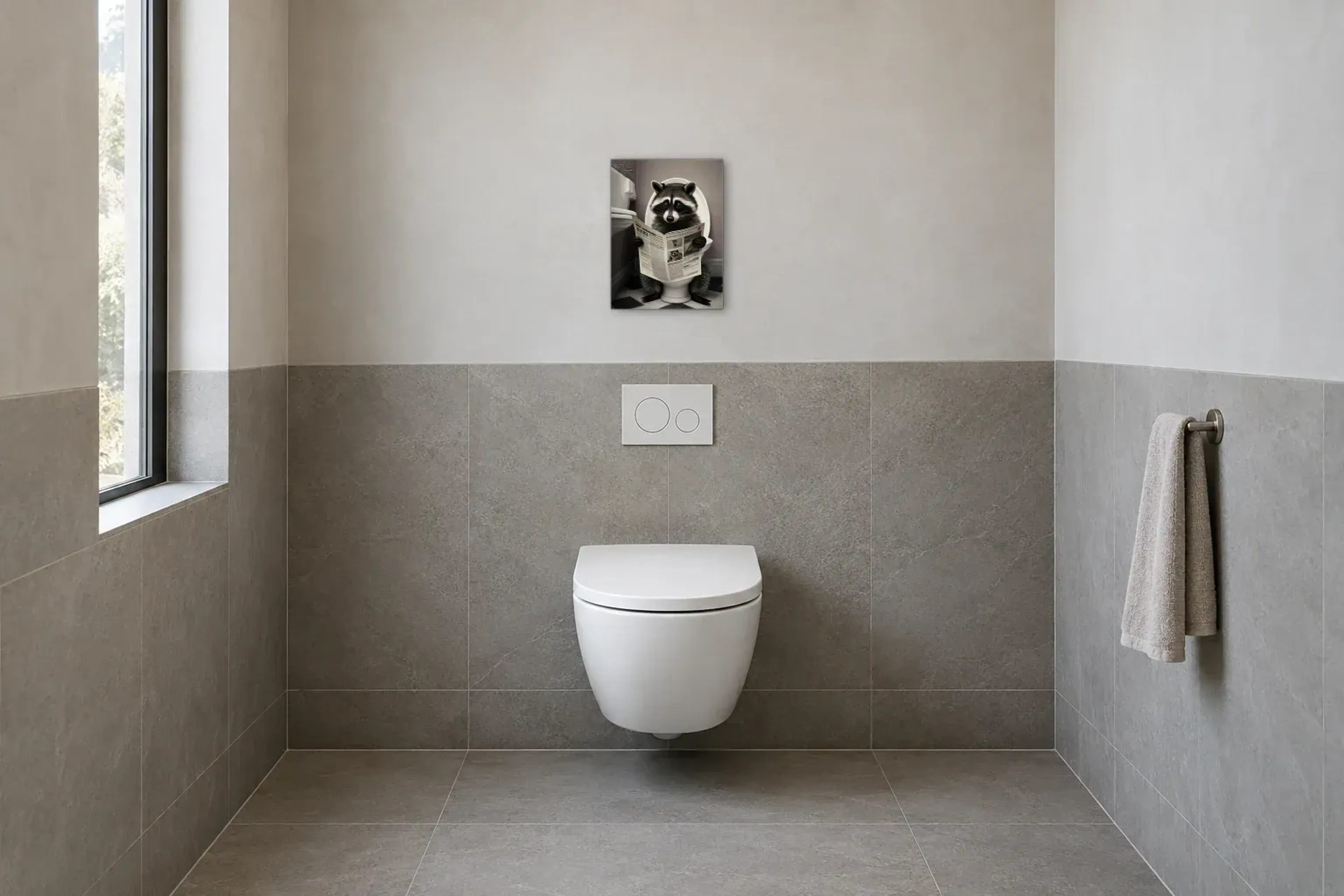 Waschbär beim Zeitunglesen als Wandbild im Gäste-WC