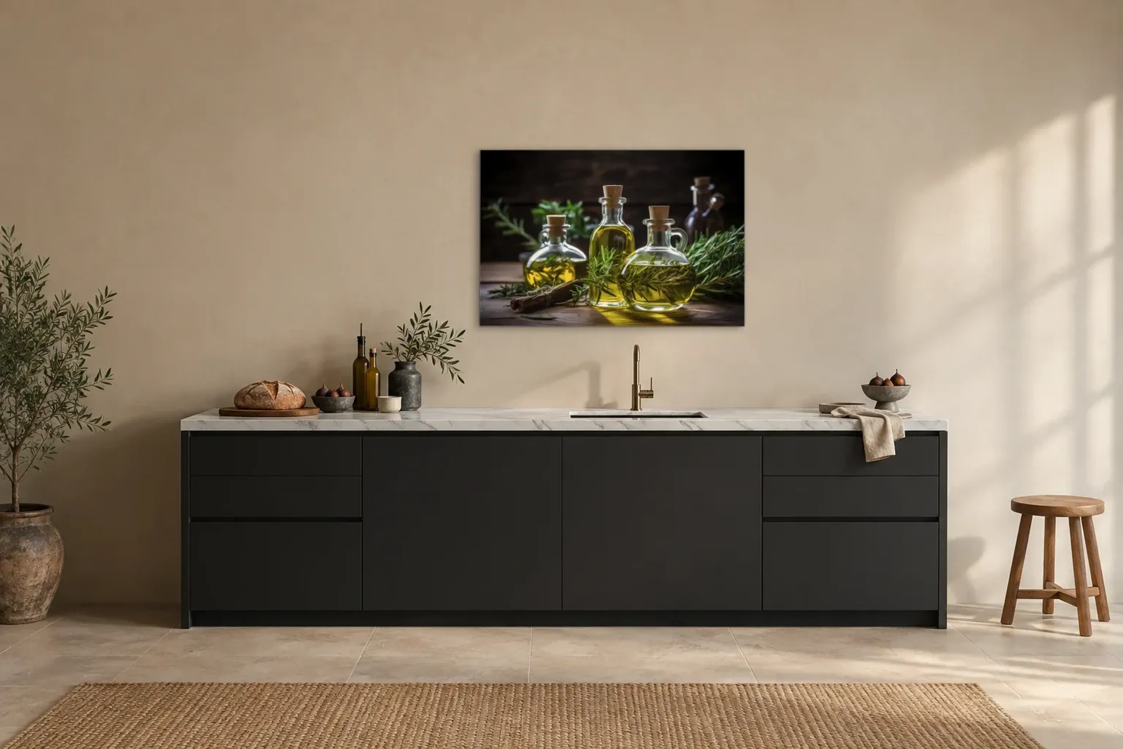 Olivenöl mit Rosmarin als Wandbild über einer 200-cm-Arbeitsplatte