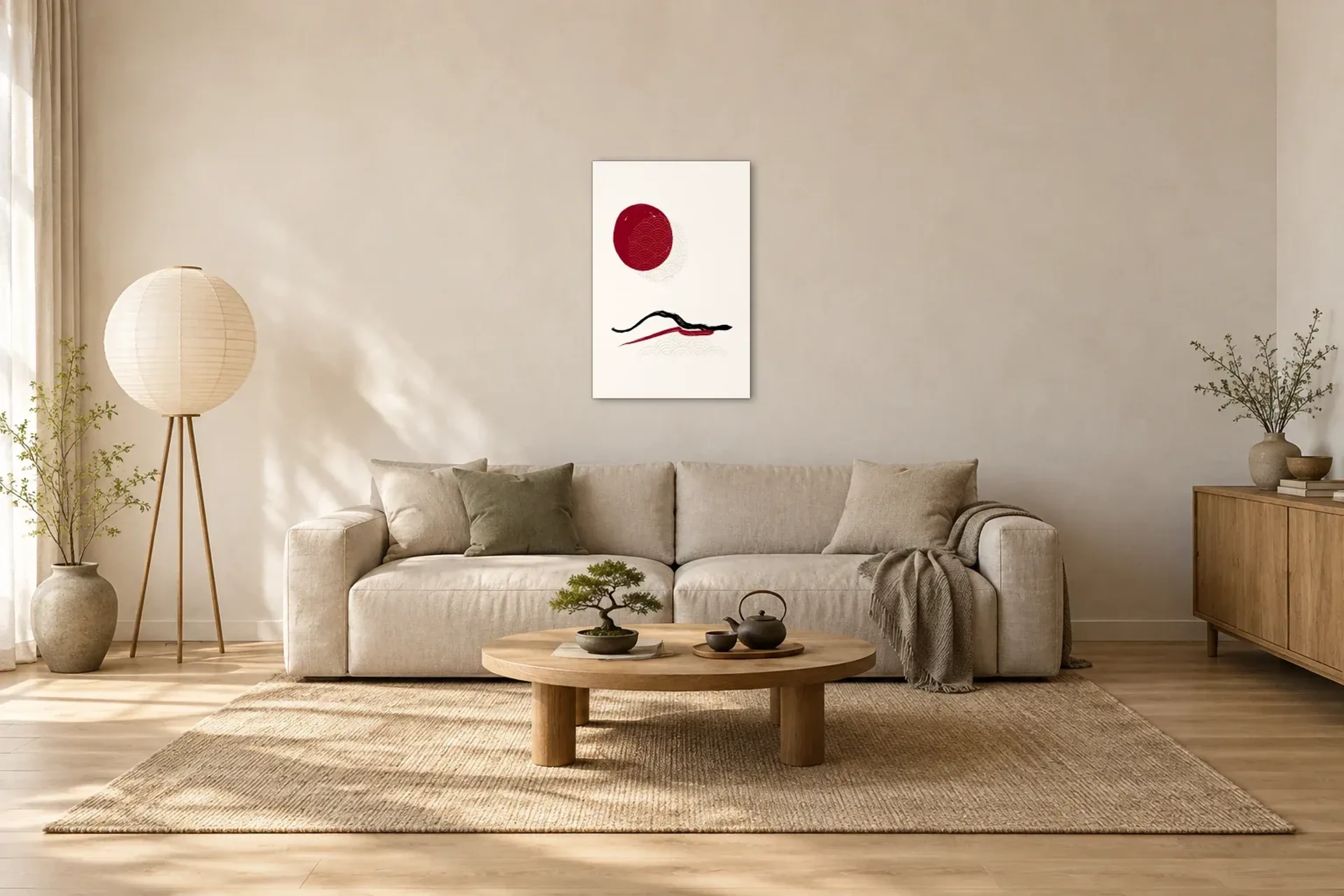 Roter Kreis über Wellen als Wandbild über einem 220-cm-Sofa