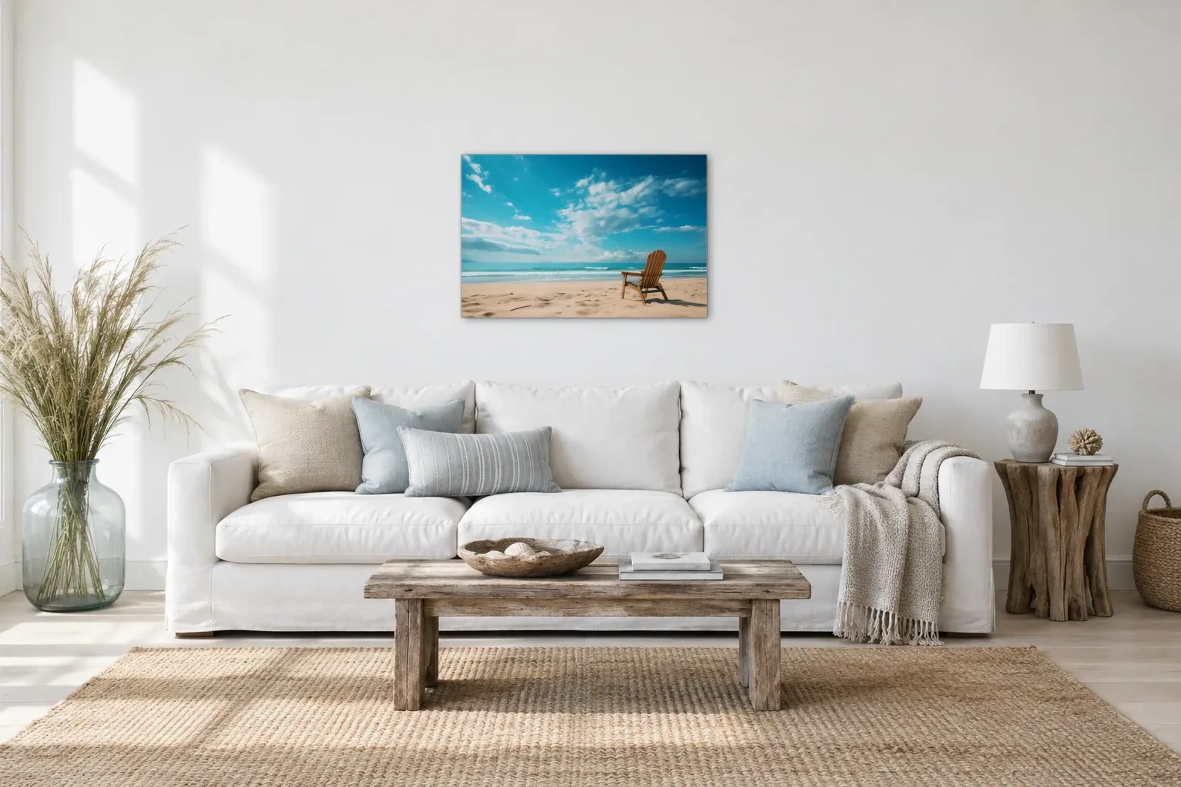 Stuhl am Strand als Wandbild über einem 220-cm-Sofa
