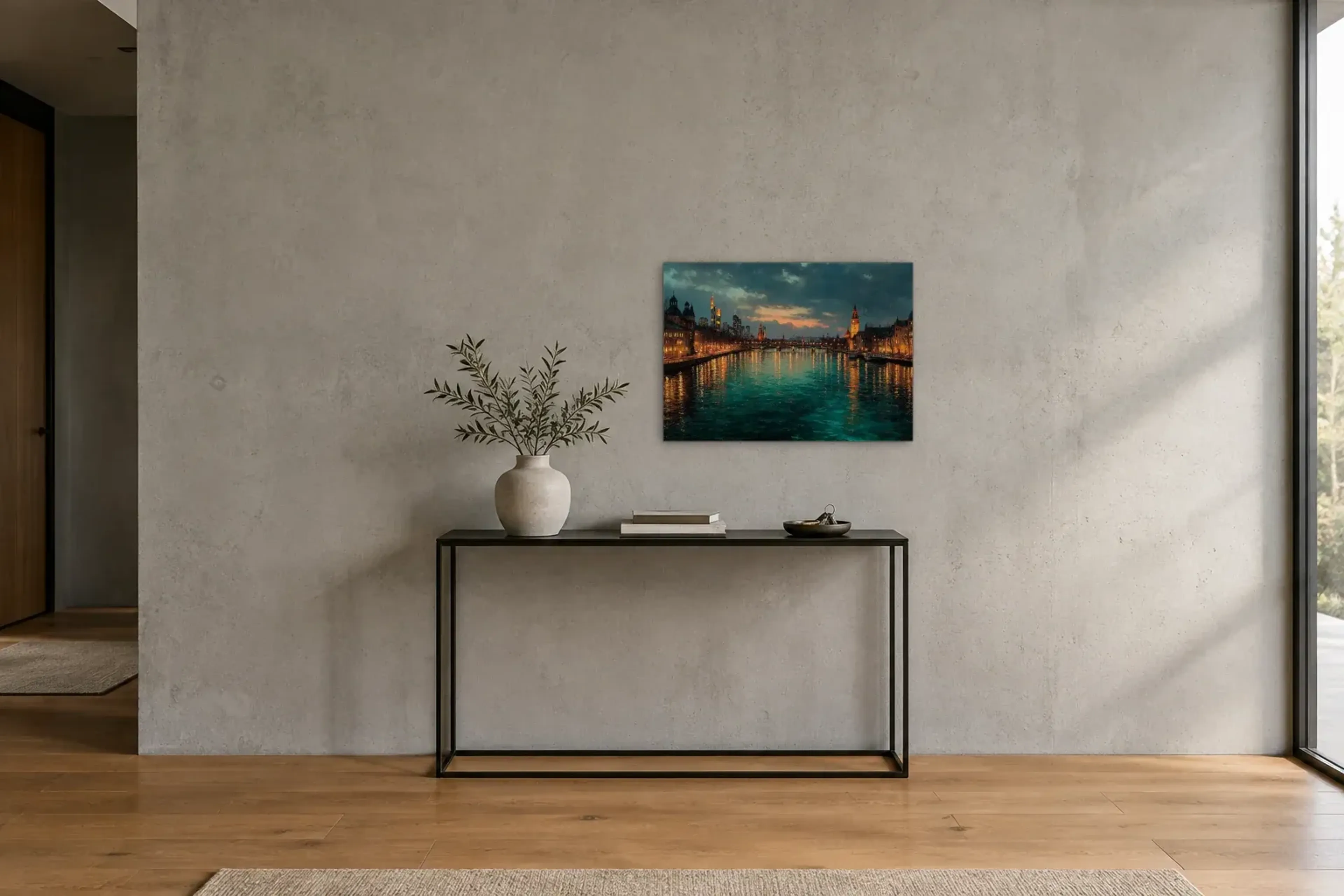 Frankfurt im Abendlicht als Wandbild über einer 120-cm-Konsole
